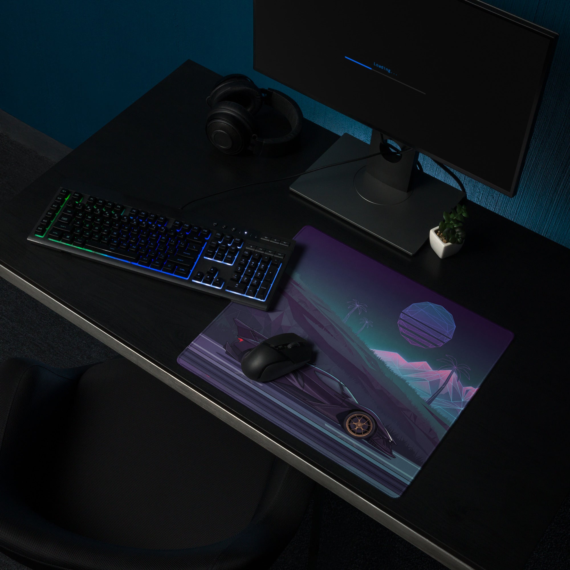 Apollo Intensa Emozione Inspired Black Gold Vaporwave Gaming Mouse Pad – Neon Mountain Highway Desk Mat, Retro Futuristic Hypercar Digital Art