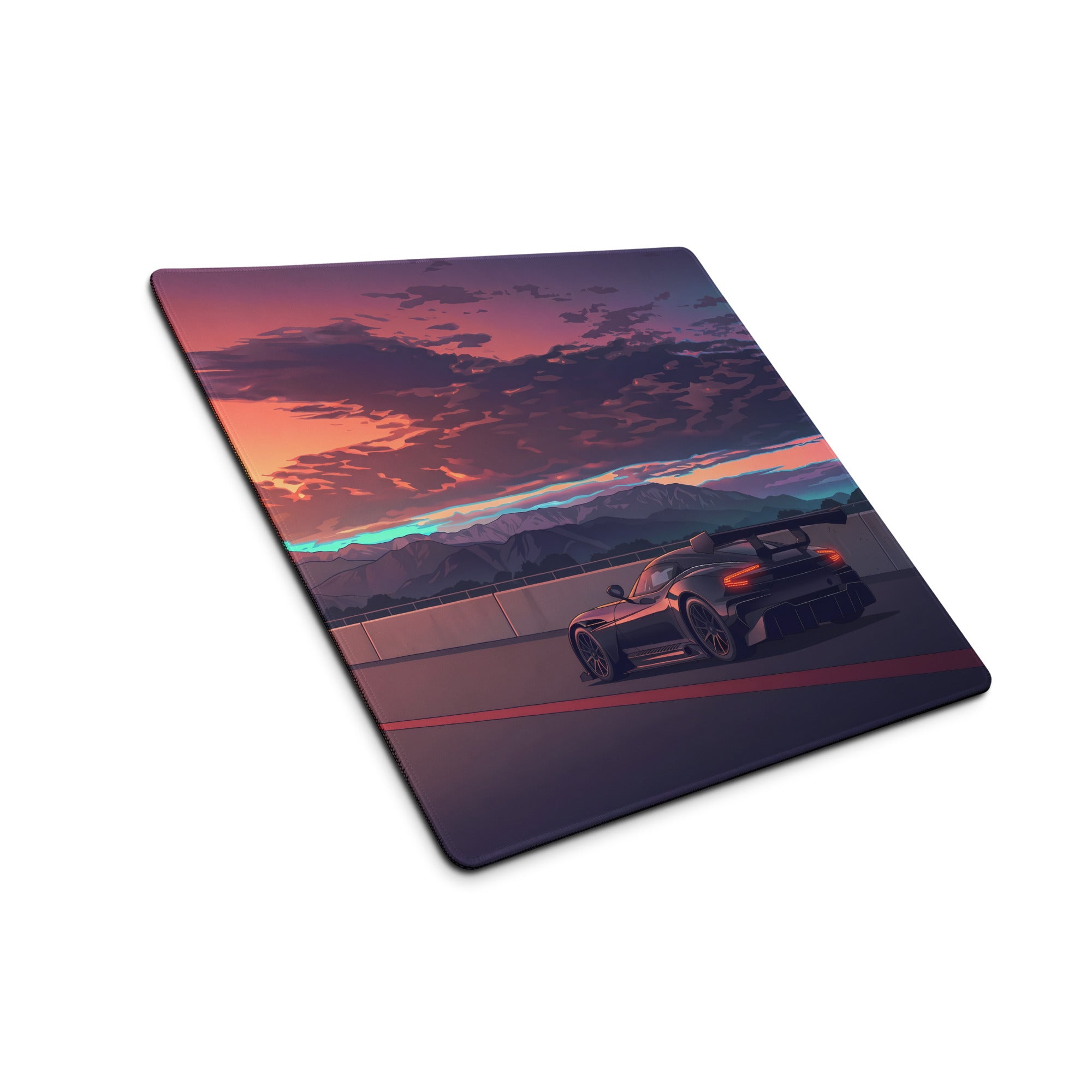 Aston Martin Vulcan Inspired Black Orange Vaporwave Gaming Mouse Pad – Dramatic Sunset Racetrack Desk Mat, Retro Futuristic Motorsport Digital Art