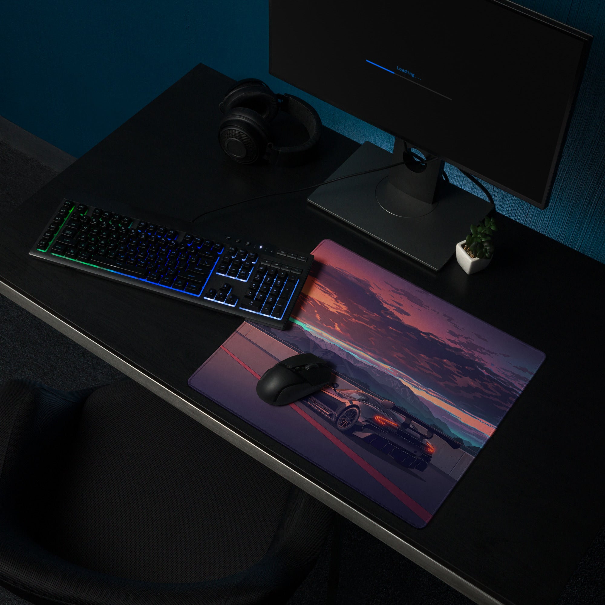 Aston Martin Vulcan Inspired Black Orange Vaporwave Gaming Mouse Pad – Dramatic Sunset Racetrack Desk Mat, Retro Futuristic Motorsport Digital Art