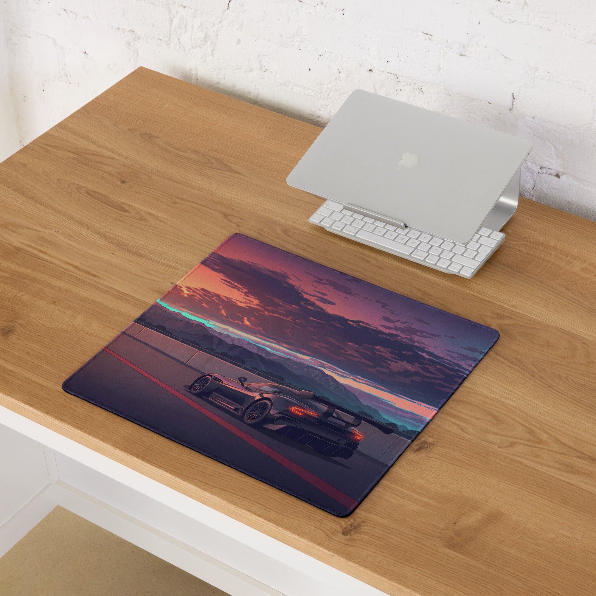 Aston Martin Vulcan Inspired Black Orange Vaporwave Gaming Mouse Pad – Dramatic Sunset Racetrack Desk Mat, Retro Futuristic Motorsport Digital Art