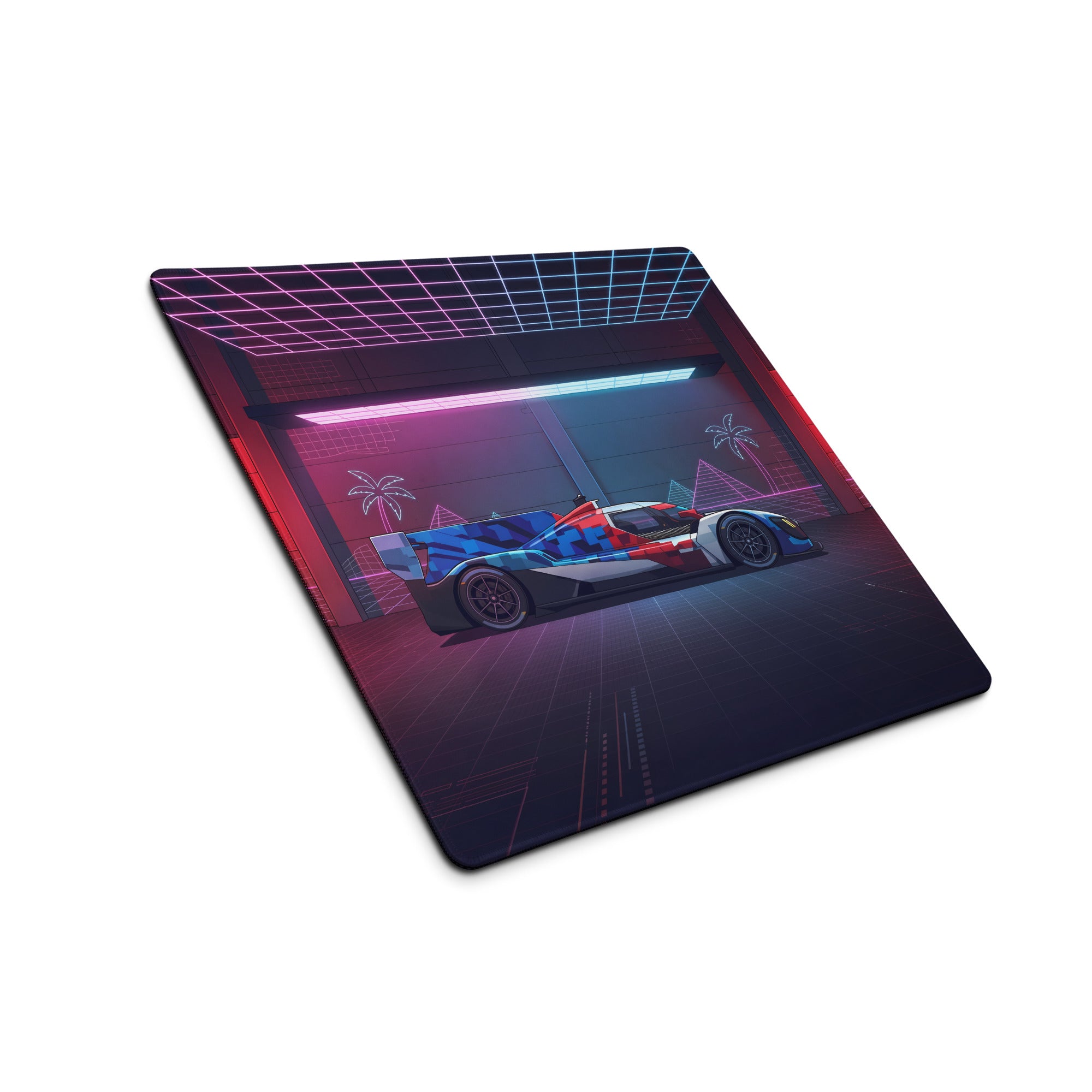 BMW M Hybrid V8 Inspired Red Blue Vaporwave Gaming Mouse Pad – Neon Cyber Garage Desk Mat, Retro Futuristic Le Mans Race Car Digital Art