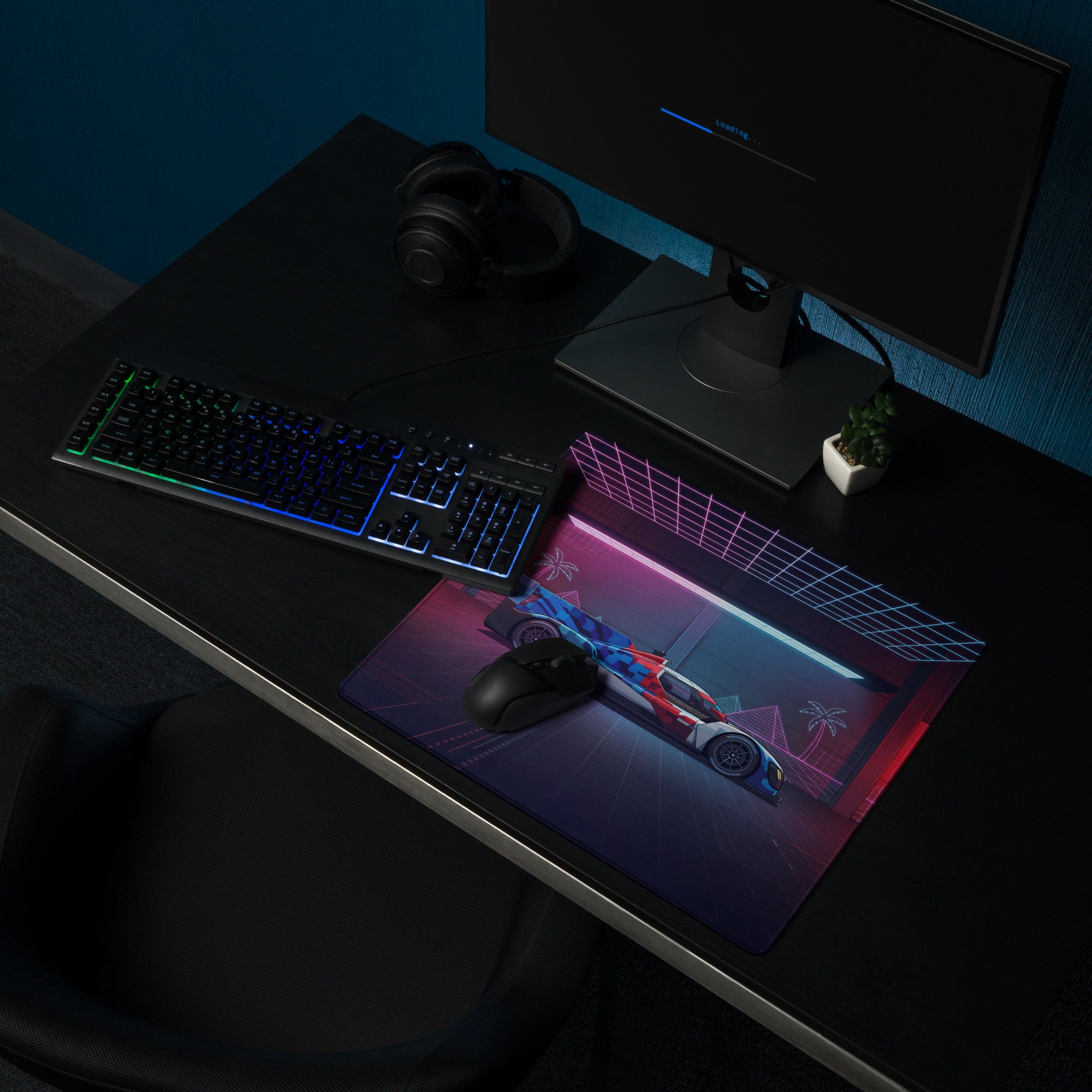 BMW M Hybrid V8 Inspired Red Blue Vaporwave Gaming Mouse Pad – Neon Cyber Garage Desk Mat, Retro Futuristic Le Mans Race Car Digital Art