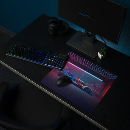 BMW M Hybrid V8 Inspired Red Blue Vaporwave Gaming Mouse Pad – Neon Cyber Garage Desk Mat, Retro Futuristic Le Mans Race Car Digital Art