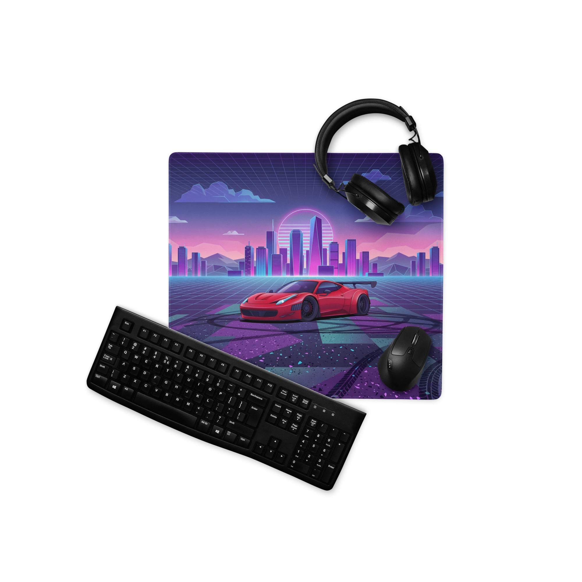 Ferrari 458 Italia Inspired Widebody Red Purple Vaporwave Gaming Mouse Pad – Neon Retro City Desk Mat, Synthwave Supercar Digital Art with Sunset Grid