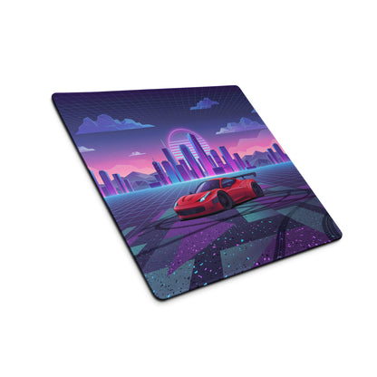 Ferrari 458 Italia Inspired Widebody Red Purple Vaporwave Gaming Mouse Pad – Neon Retro City Desk Mat, Synthwave Supercar Digital Art with Sunset Grid