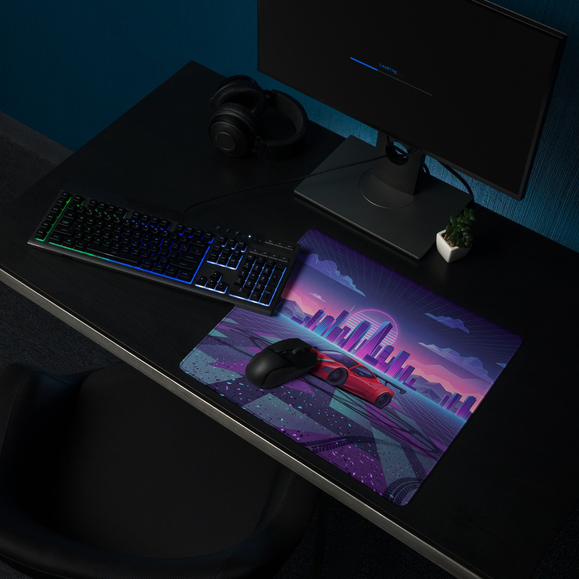 Ferrari 458 Italia Inspired Widebody Red Purple Vaporwave Gaming Mouse Pad – Neon Retro City Desk Mat, Synthwave Supercar Digital Art with Sunset Grid