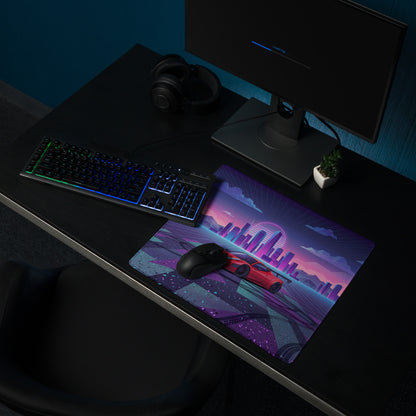 Ferrari 458 Italia Inspired Widebody Red Purple Vaporwave Gaming Mouse Pad – Neon Retro City Desk Mat, Synthwave Supercar Digital Art with Sunset Grid