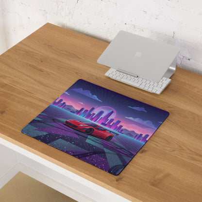 Ferrari 458 Italia Inspired Widebody Red Purple Vaporwave Gaming Mouse Pad – Neon Retro City Desk Mat, Synthwave Supercar Digital Art with Sunset Grid