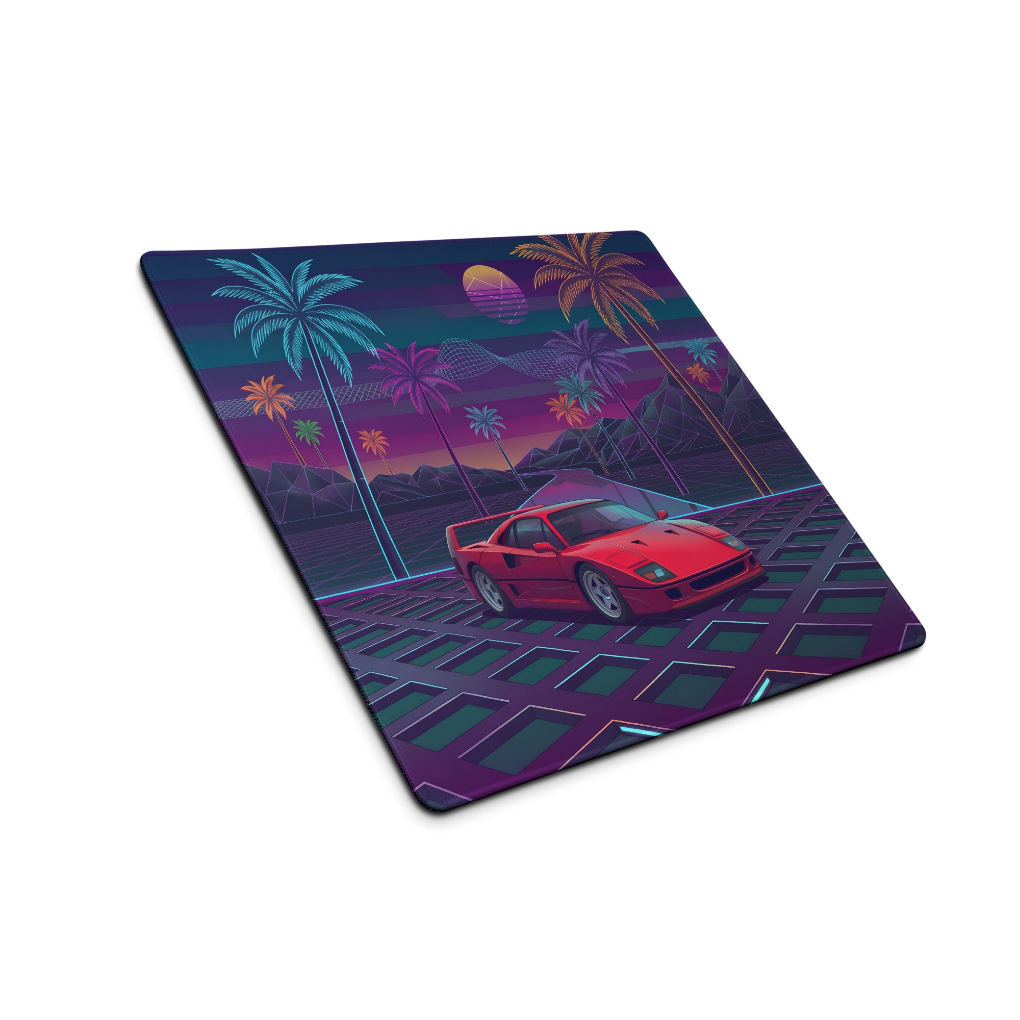 Ferrari F40 Inspired Red Purple Vaporwave Gaming Mouse Pad – Neon Palm Tree Desk Mat, Retro Futuristic Supercar Digital Art with Synthwave Grid