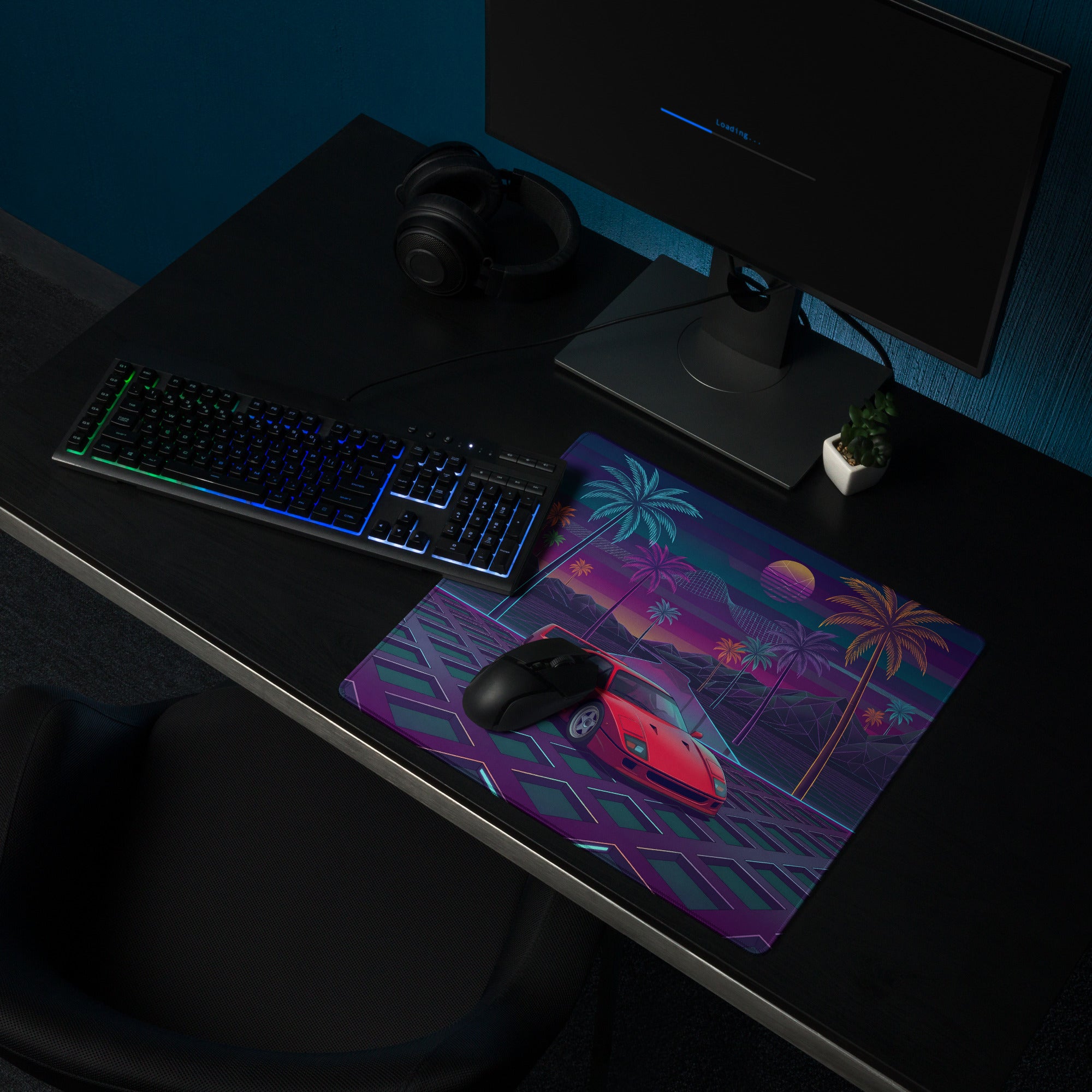 Ferrari F40 Inspired Red Purple Vaporwave Gaming Mouse Pad – Neon Palm Tree Desk Mat, Retro Futuristic Supercar Digital Art with Synthwave Grid