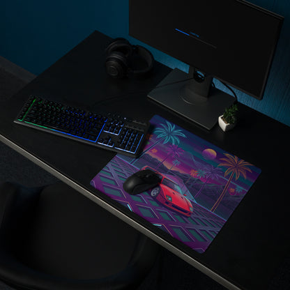 Ferrari F40 Inspired Red Purple Vaporwave Gaming Mouse Pad – Neon Palm Tree Desk Mat, Retro Futuristic Supercar Digital Art with Synthwave Grid