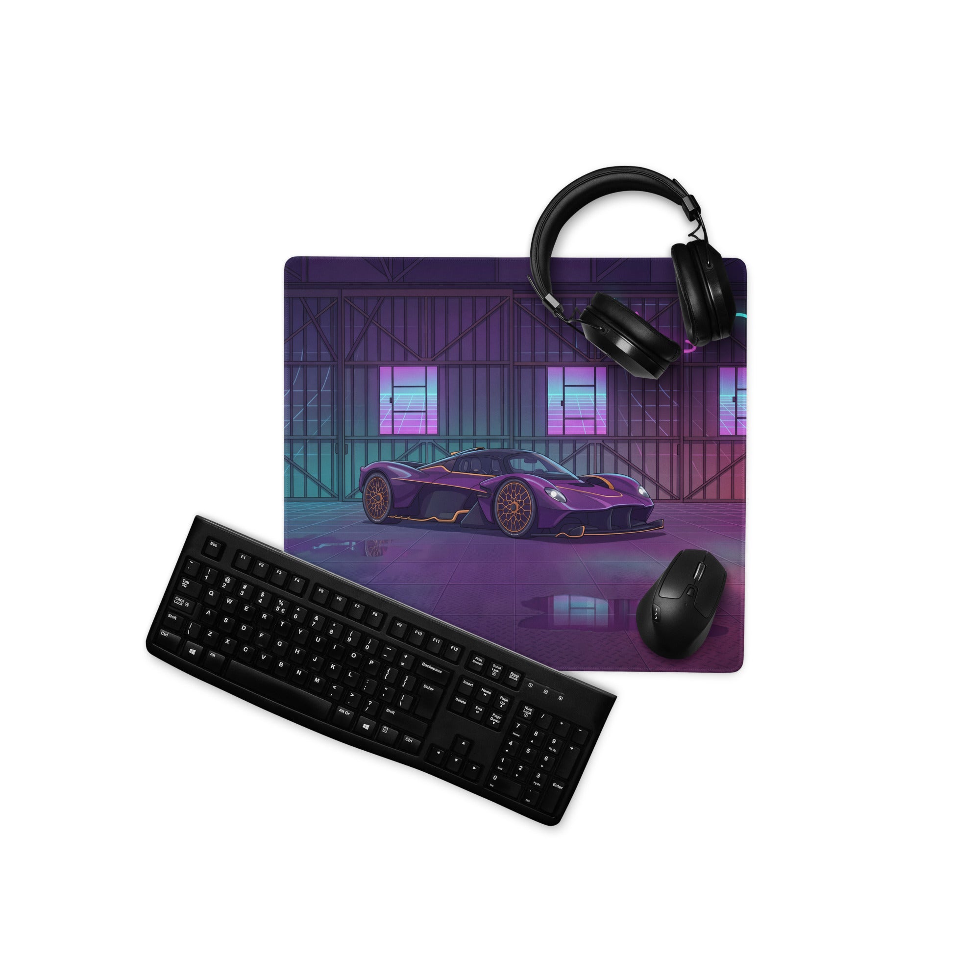 Aston Martin Valkyrie Inspired Purple Gold Vaporwave Gaming Mouse Pad – Neon Futuristic Garage Desk Mat, Cyberpunk Hypercar Digital Art