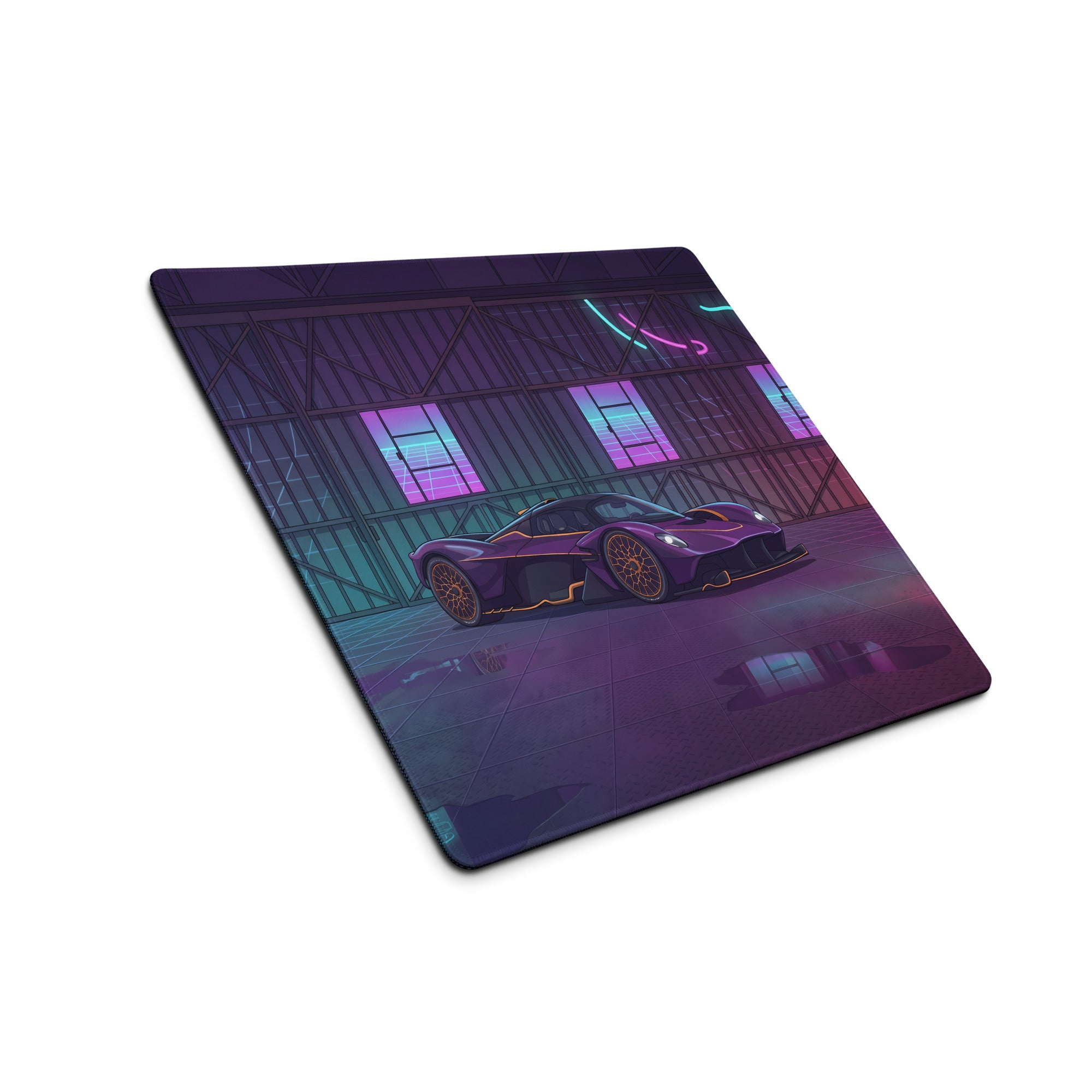 Aston Martin Valkyrie Inspired Purple Gold Vaporwave Gaming Mouse Pad – Neon Futuristic Garage Desk Mat, Cyberpunk Hypercar Digital Art