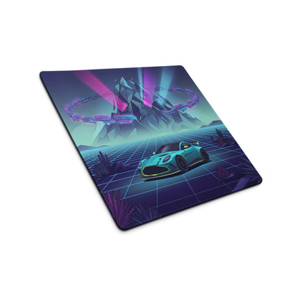 Aston Martin Vantage GT3 Inspired Teal Purple Vaporwave Gaming Mouse Pad – Neon Desert Grid Desk Mat, Retro Futuristic Racing Car Digital Art