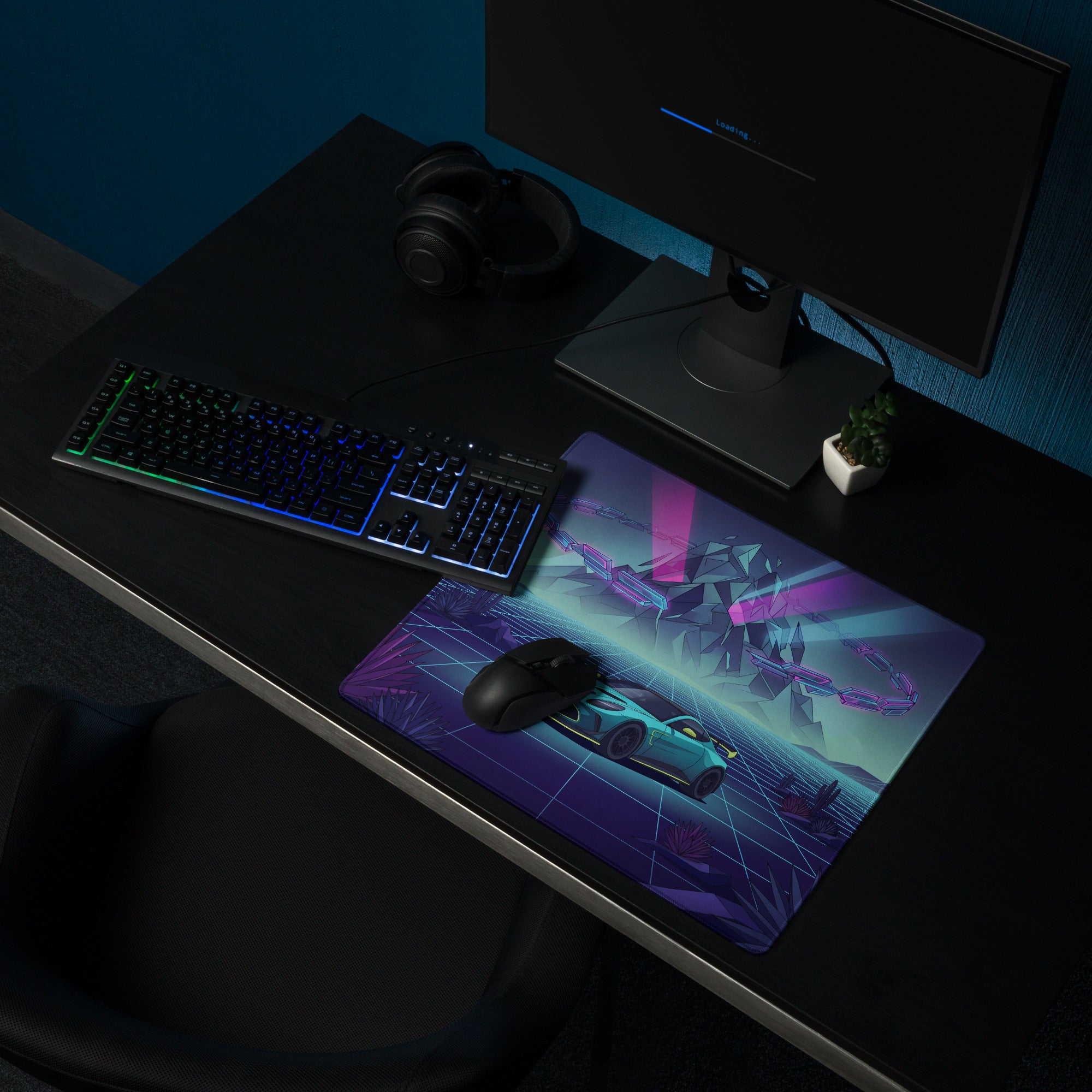 Aston Martin Vantage GT3 Inspired Teal Purple Vaporwave Gaming Mouse Pad – Neon Desert Grid Desk Mat, Retro Futuristic Racing Car Digital Art