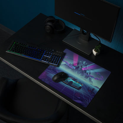 Aston Martin Vantage GT3 Inspired Teal Purple Vaporwave Gaming Mouse Pad – Neon Desert Grid Desk Mat, Retro Futuristic Racing Car Digital Art