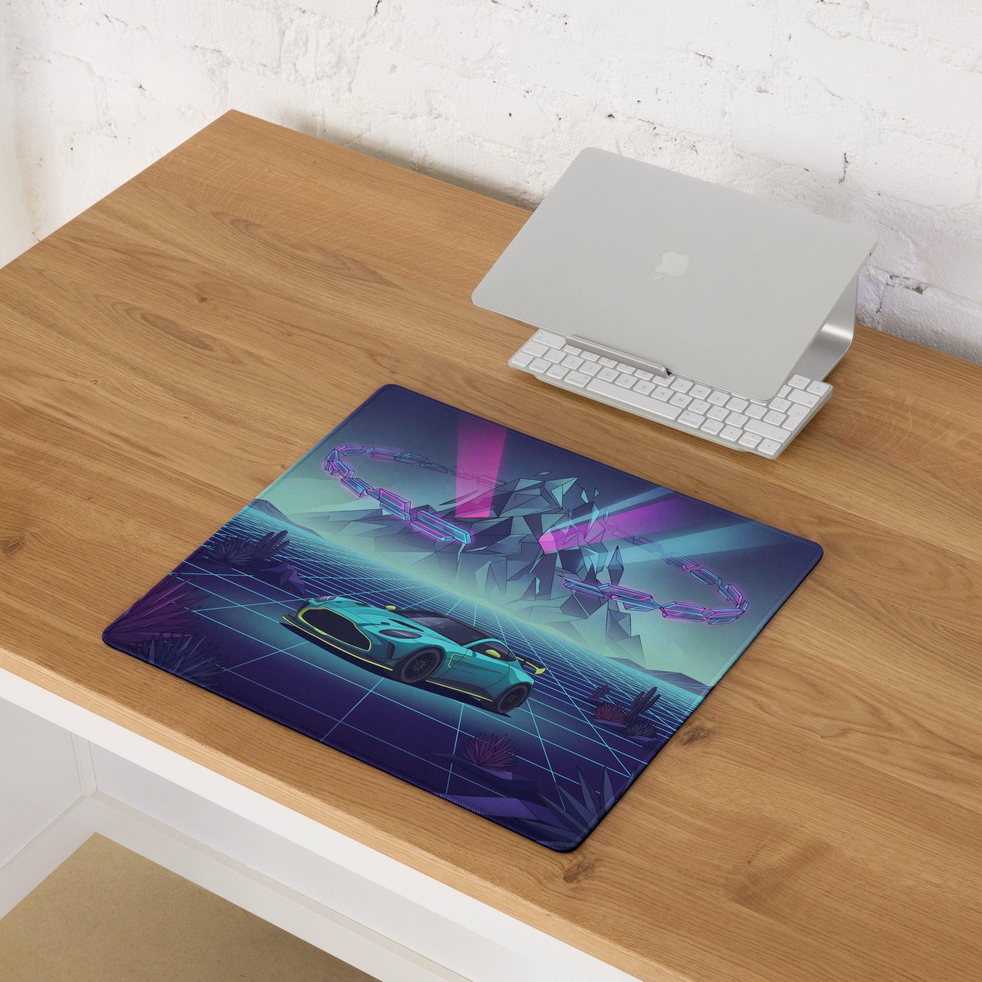 Aston Martin Vantage GT3 Inspired Teal Purple Vaporwave Gaming Mouse Pad – Neon Desert Grid Desk Mat, Retro Futuristic Racing Car Digital Art