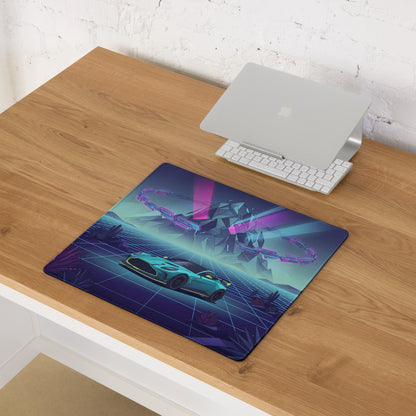 Aston Martin Vantage GT3 Inspired Teal Purple Vaporwave Gaming Mouse Pad – Neon Desert Grid Desk Mat, Retro Futuristic Racing Car Digital Art