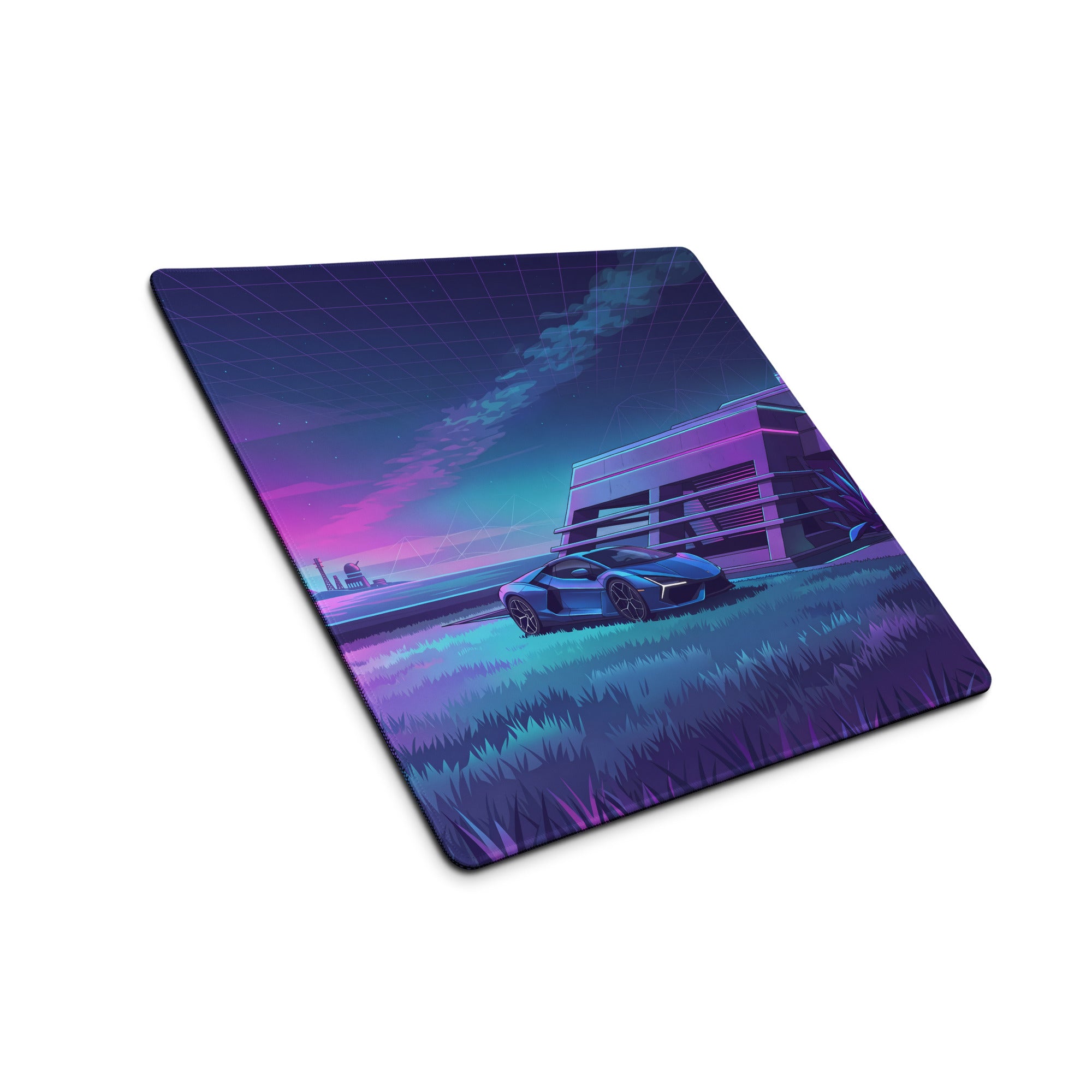 Lamborghini Revuelto Inspired Blue Purple Vaporwave Gaming Mouse Pad – Neon Futuristic Villa Desk Mat, Retro Synthwave Supercar Digital Art