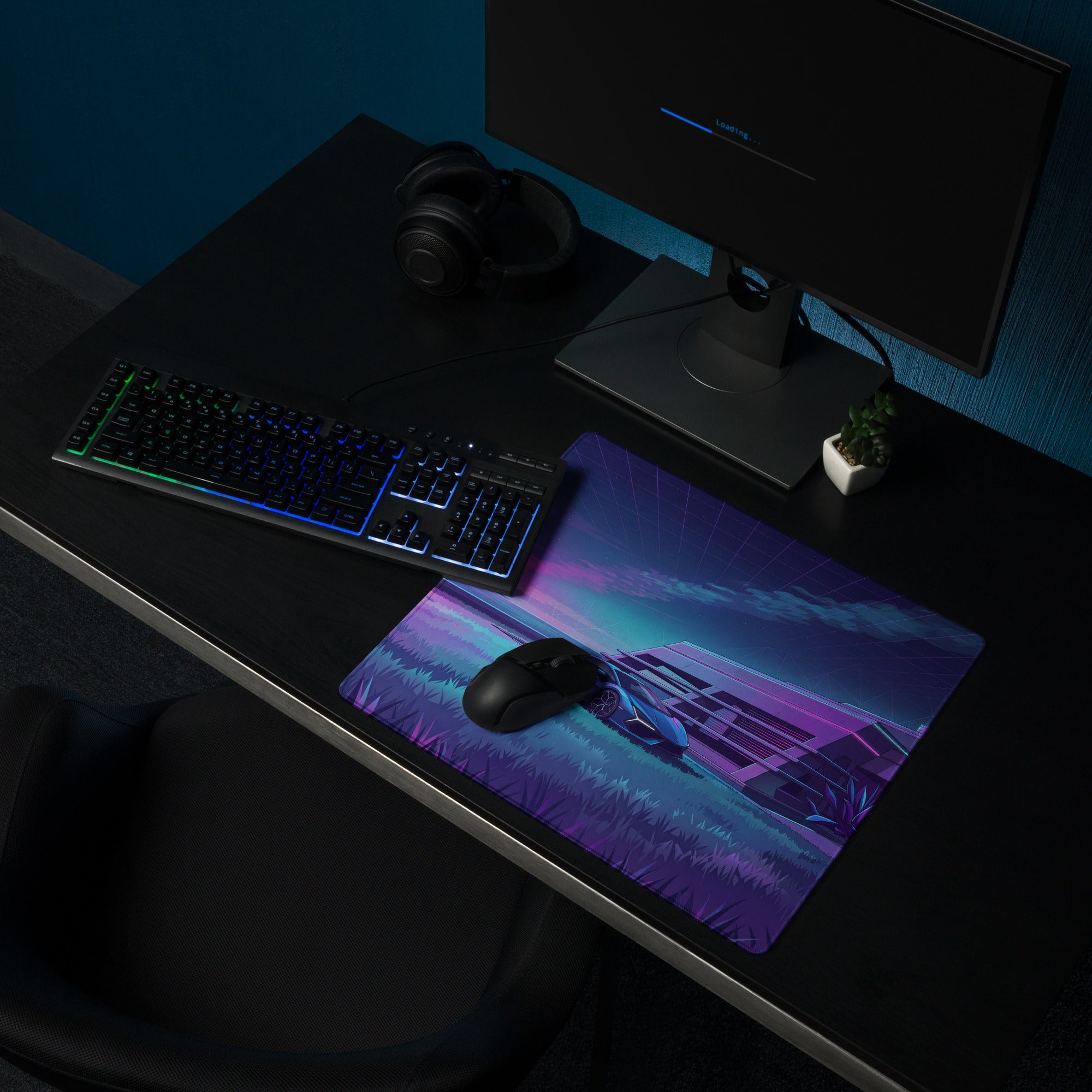 Lamborghini Revuelto Inspired Blue Purple Vaporwave Gaming Mouse Pad – Neon Futuristic Villa Desk Mat, Retro Synthwave Supercar Digital Art