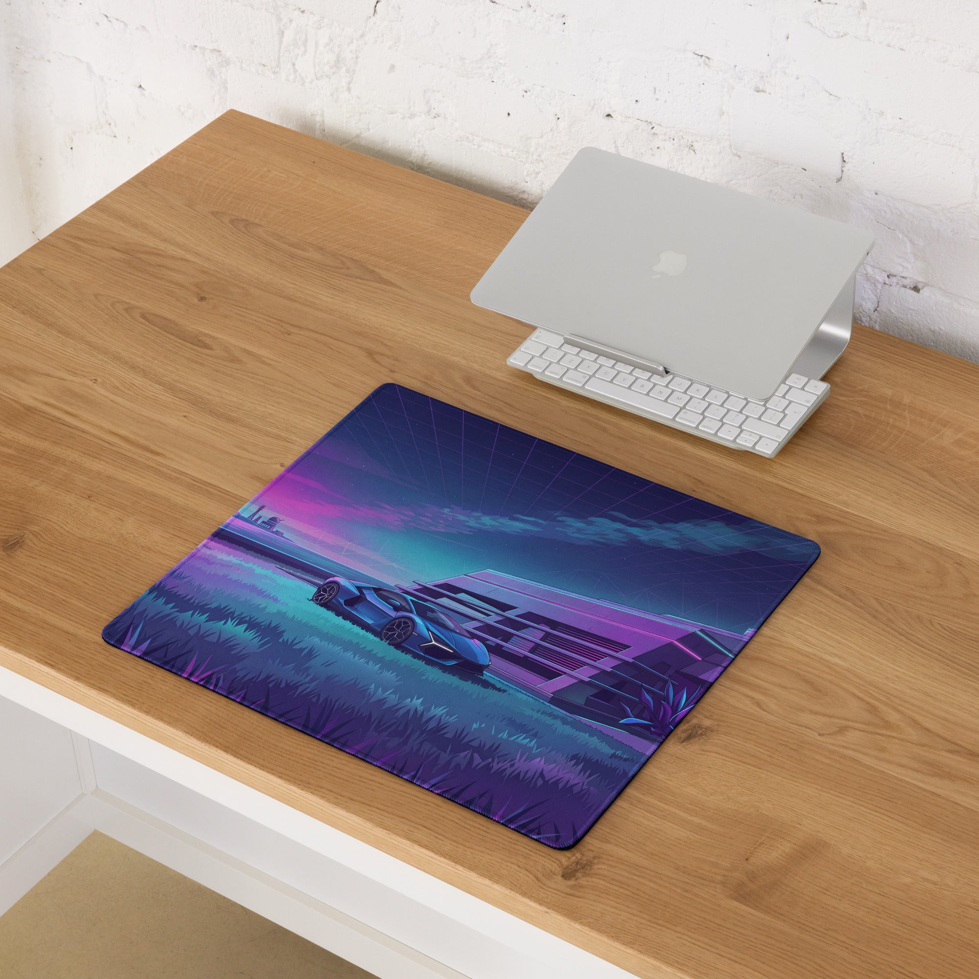 Lamborghini Revuelto Inspired Blue Purple Vaporwave Gaming Mouse Pad – Neon Futuristic Villa Desk Mat, Retro Synthwave Supercar Digital Art