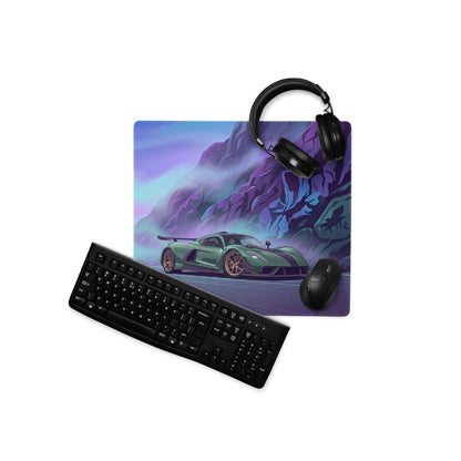 Hennessey Venom F5 Inspired Green Purple Vaporwave Gaming Mouse Pad – Neon Mountain Road Desk Mat, Futuristic Hypercar Digital Art