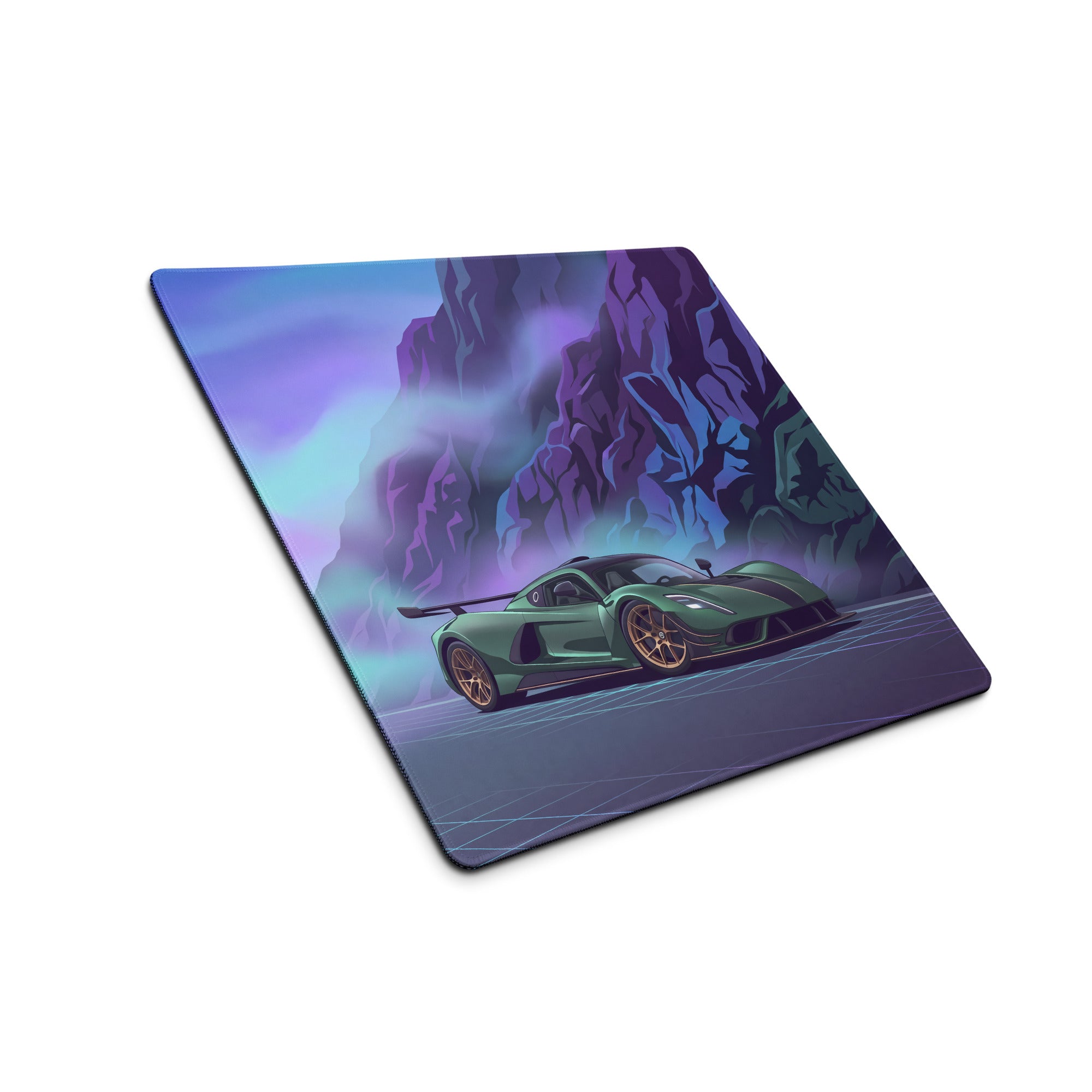 Hennessey Venom F5 Inspired Green Purple Vaporwave Gaming Mouse Pad – Neon Mountain Road Desk Mat, Futuristic Hypercar Digital Art