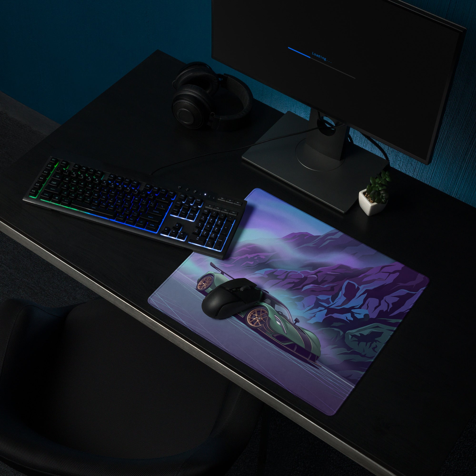 Hennessey Venom F5 Inspired Green Purple Vaporwave Gaming Mouse Pad – Neon Mountain Road Desk Mat, Futuristic Hypercar Digital Art