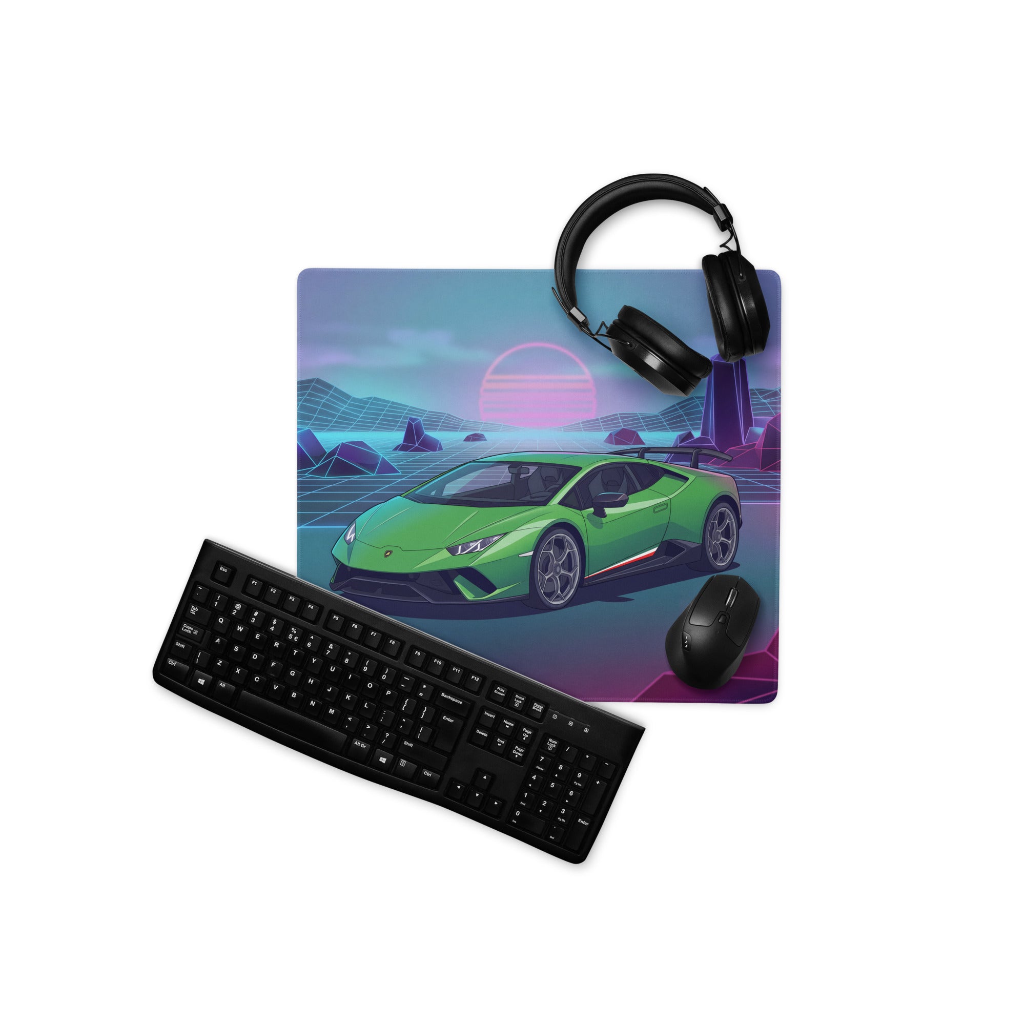 Lamborghini Huracán Performante Inspired Green Purple Vaporwave Gaming Mouse Pad – Neon Retro Grid Desk Mat, Synthwave Supercar Digital Art