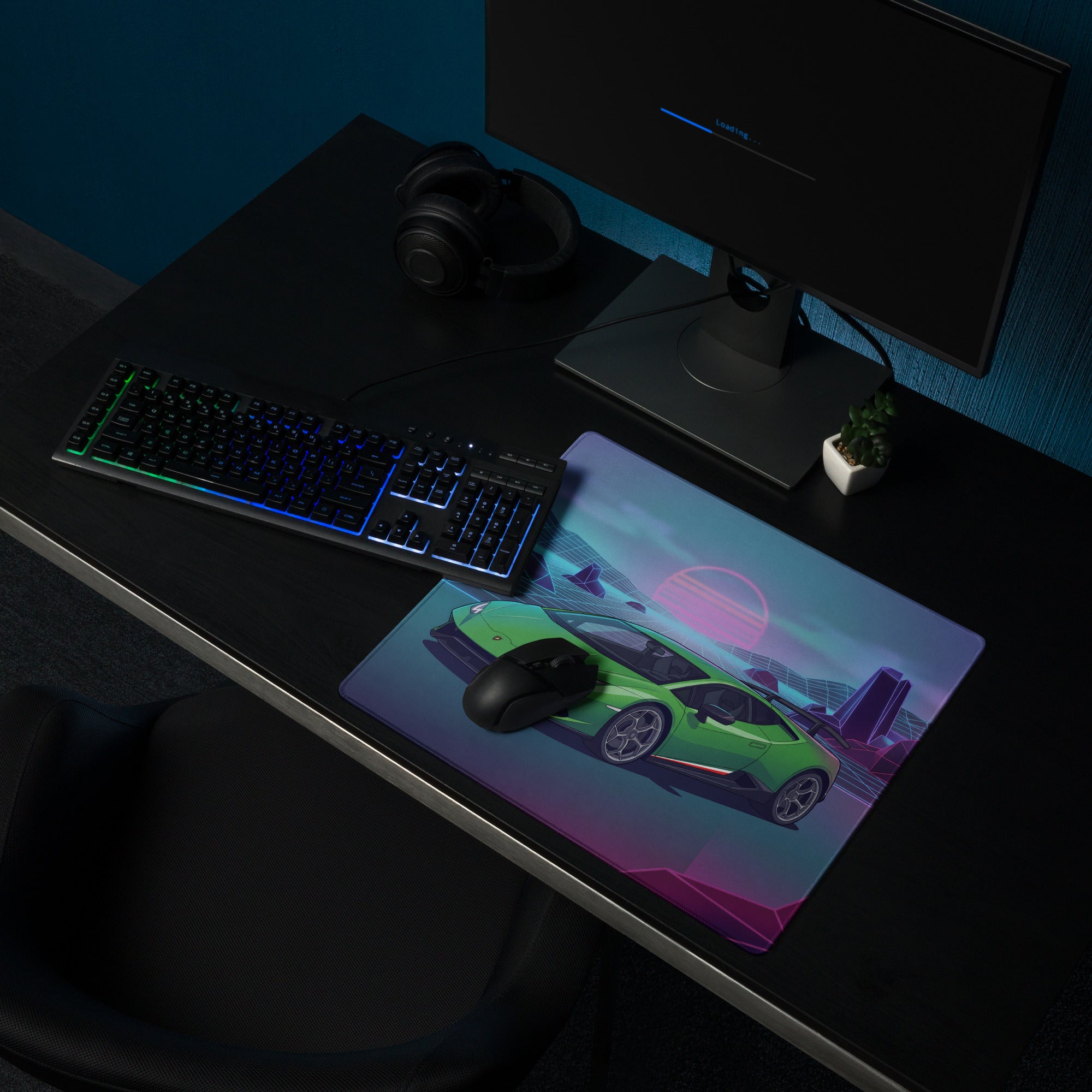 Lamborghini Huracán Performante Inspired Green Purple Vaporwave Gaming Mouse Pad – Neon Retro Grid Desk Mat, Synthwave Supercar Digital Art