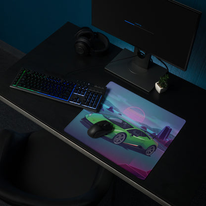 Lamborghini Huracán Performante Inspired Green Purple Vaporwave Gaming Mouse Pad – Neon Retro Grid Desk Mat, Synthwave Supercar Digital Art