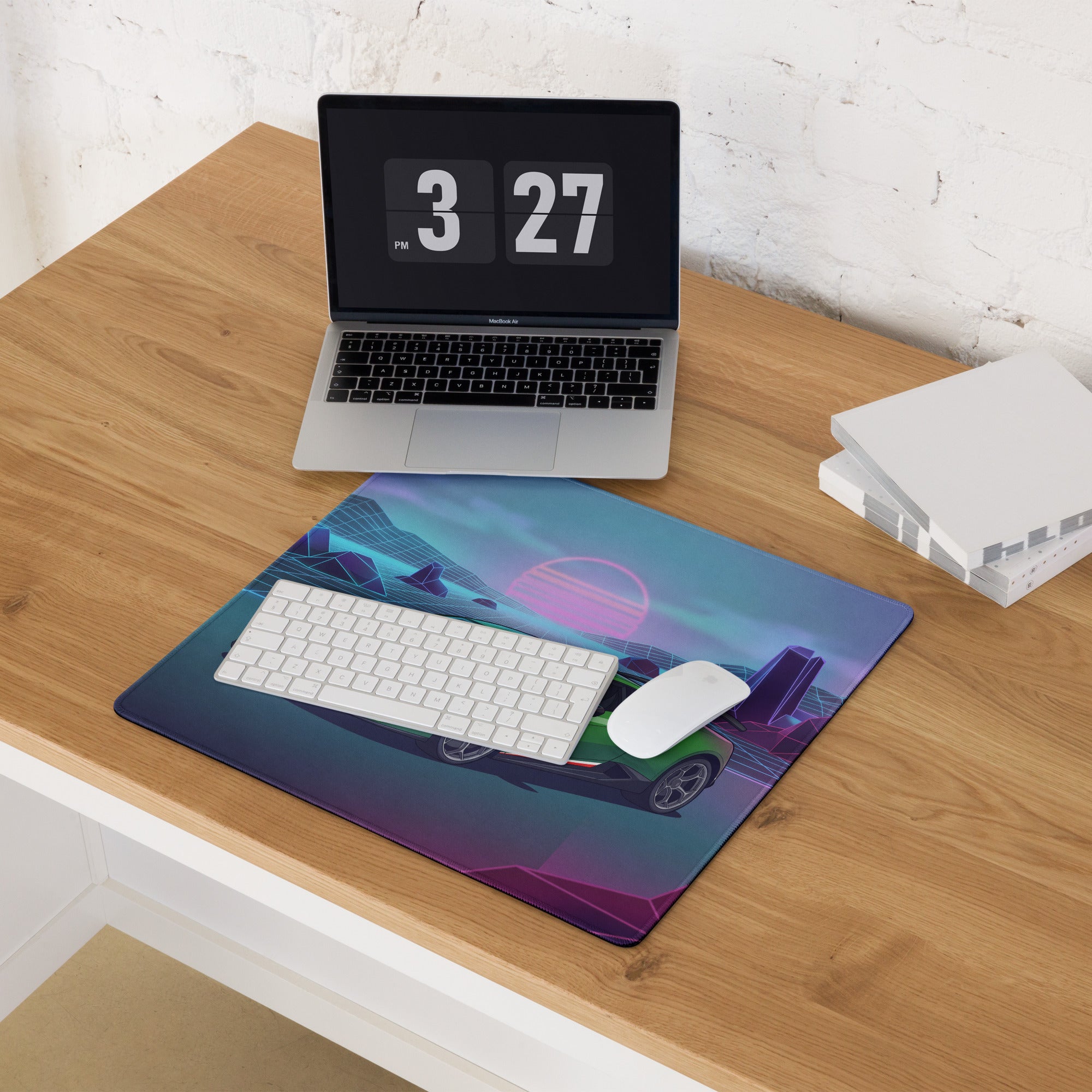 Lamborghini Huracán Performante Inspired Green Purple Vaporwave Gaming Mouse Pad – Neon Retro Grid Desk Mat, Synthwave Supercar Digital Art
