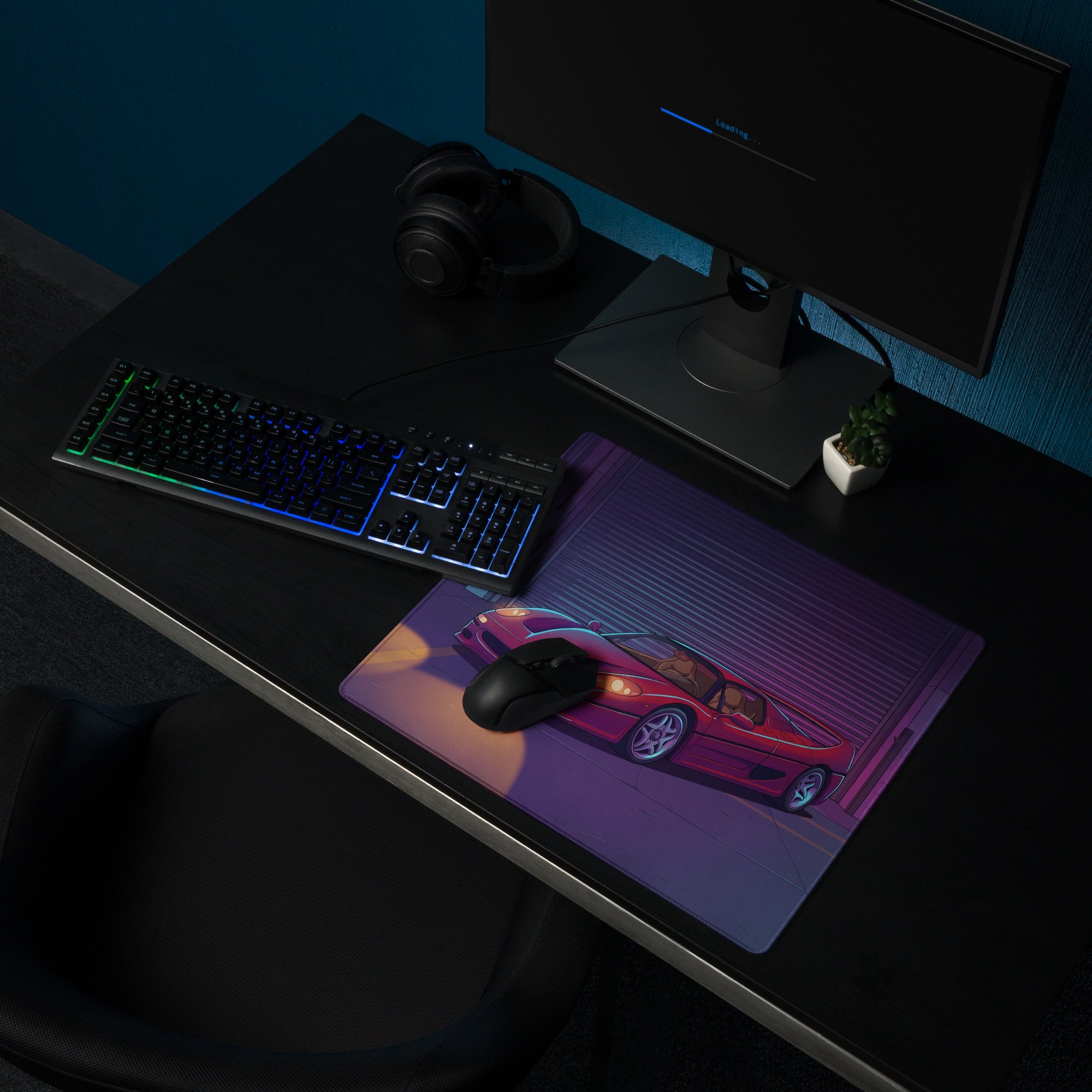 Ferrari F50 Inspired Red Purple Vaporwave Gaming Mouse Pad – Neon Industrial Garage Desk Mat, Retro Supercar Digital Art with Cyberpunk Glow