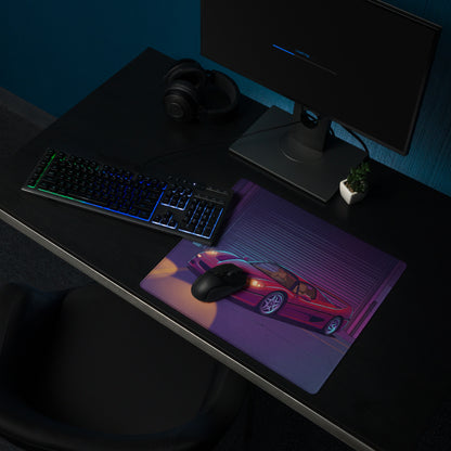 Ferrari F50 Inspired Red Purple Vaporwave Gaming Mouse Pad – Neon Industrial Garage Desk Mat, Retro Supercar Digital Art with Cyberpunk Glow