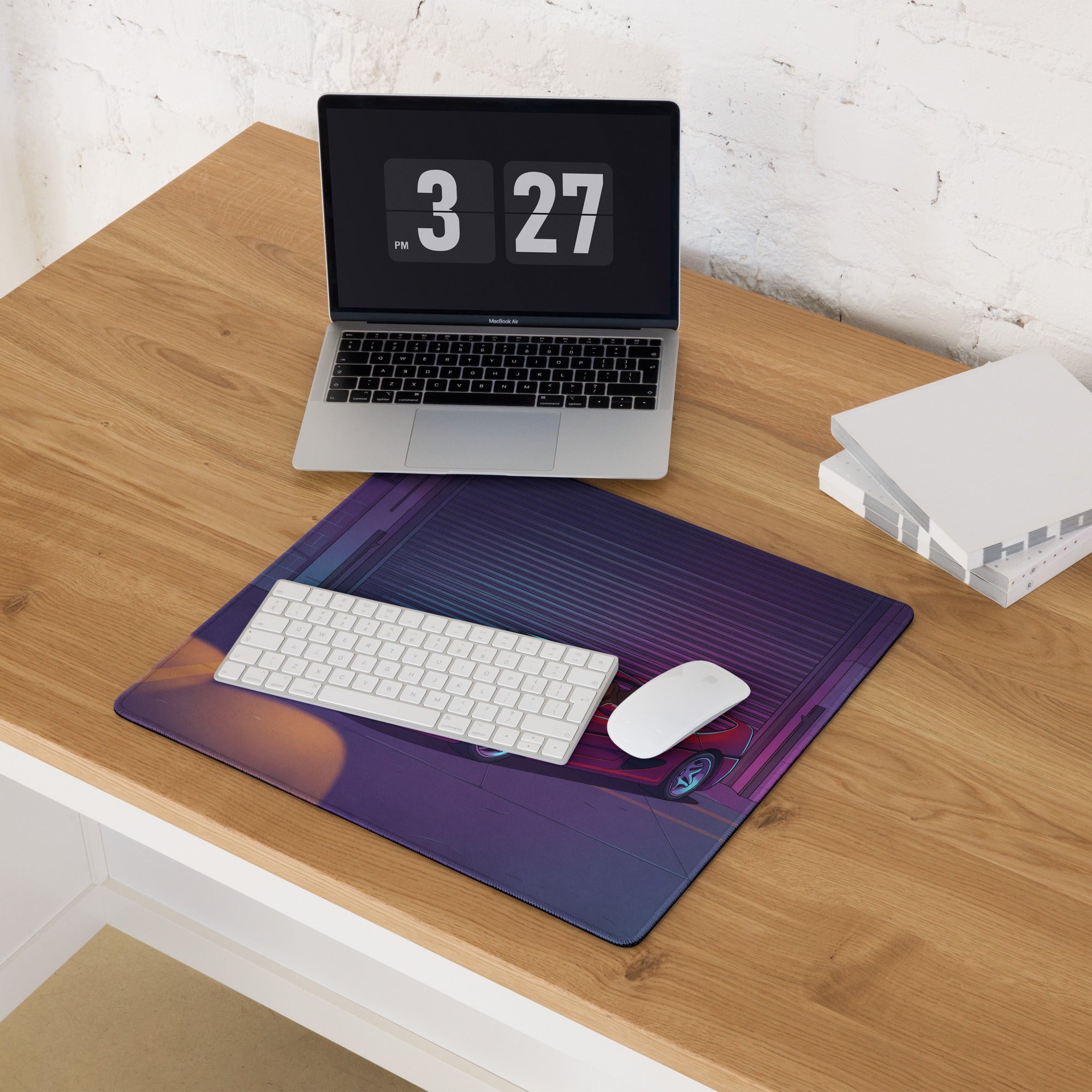 Ferrari F50 Inspired Red Purple Vaporwave Gaming Mouse Pad – Neon Industrial Garage Desk Mat, Retro Supercar Digital Art with Cyberpunk Glow