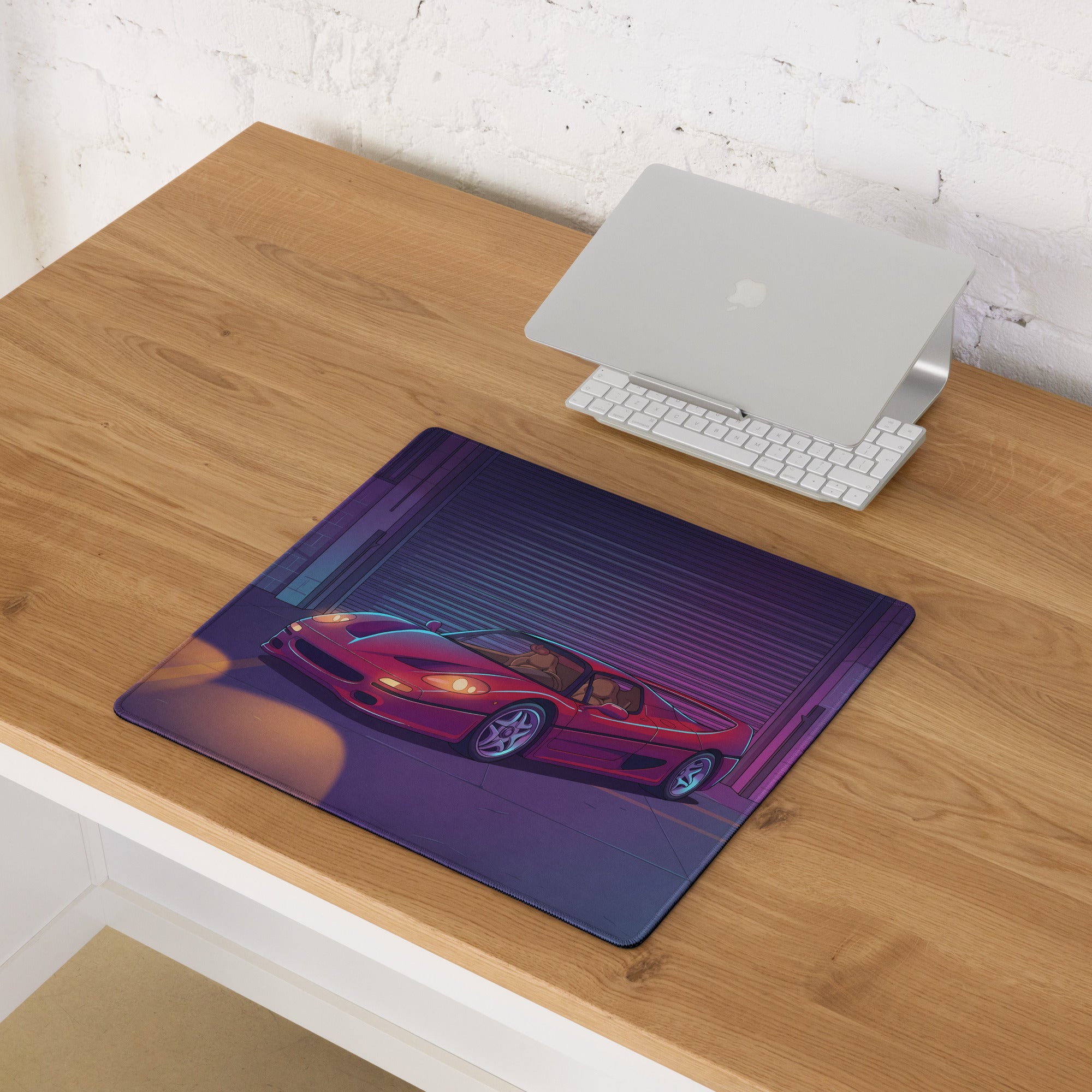 Ferrari F50 Inspired Red Purple Vaporwave Gaming Mouse Pad – Neon Industrial Garage Desk Mat, Retro Supercar Digital Art with Cyberpunk Glow