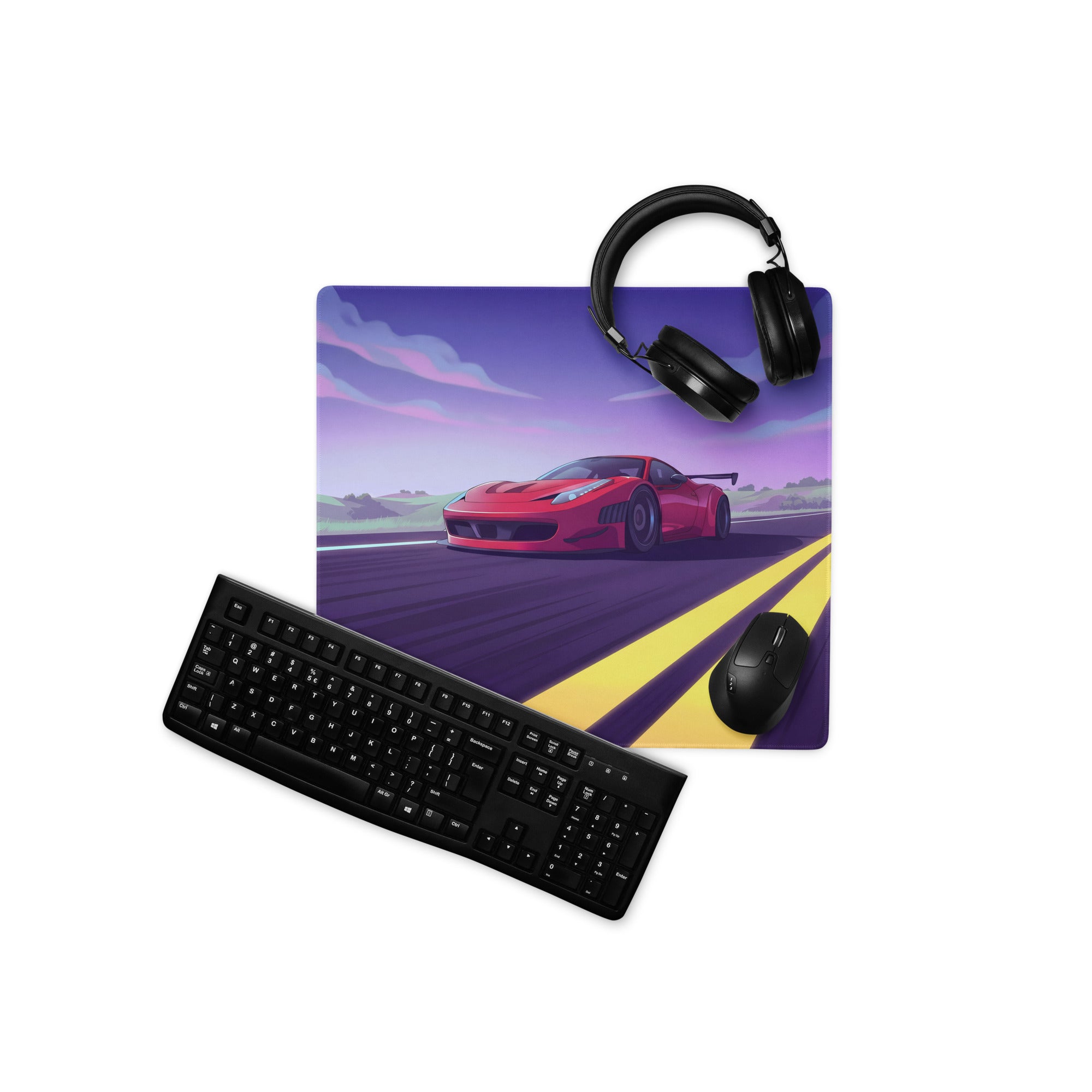 Ferrari 458 Italia Inspired Widebody Red Purple Vaporwave Gaming Mouse Pad – Neon Open Highway Desk Mat, Retro Futuristic Supercar Digital Artwork