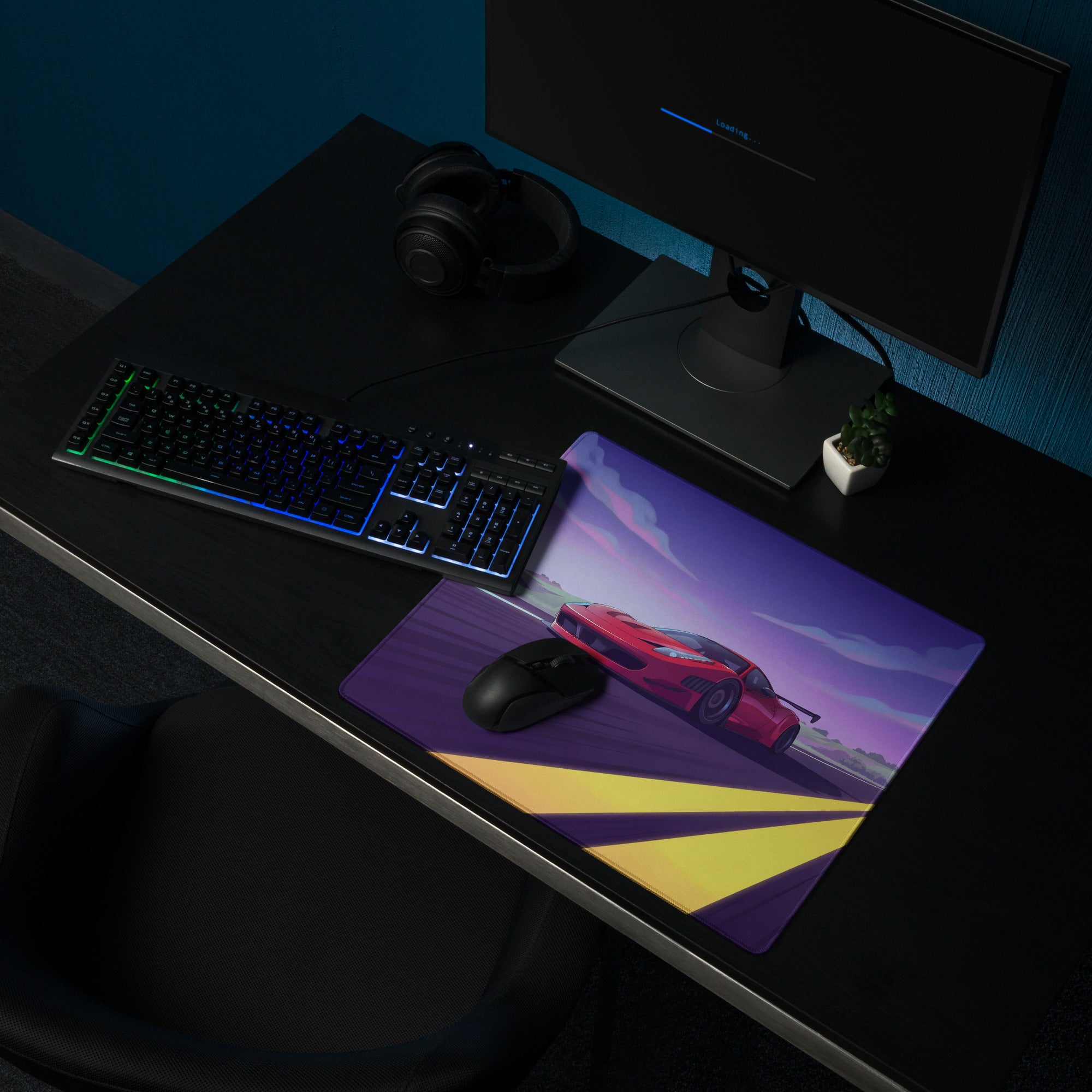 Ferrari 458 Italia Inspired Widebody Red Purple Vaporwave Gaming Mouse Pad – Neon Open Highway Desk Mat, Retro Futuristic Supercar Digital Artwork