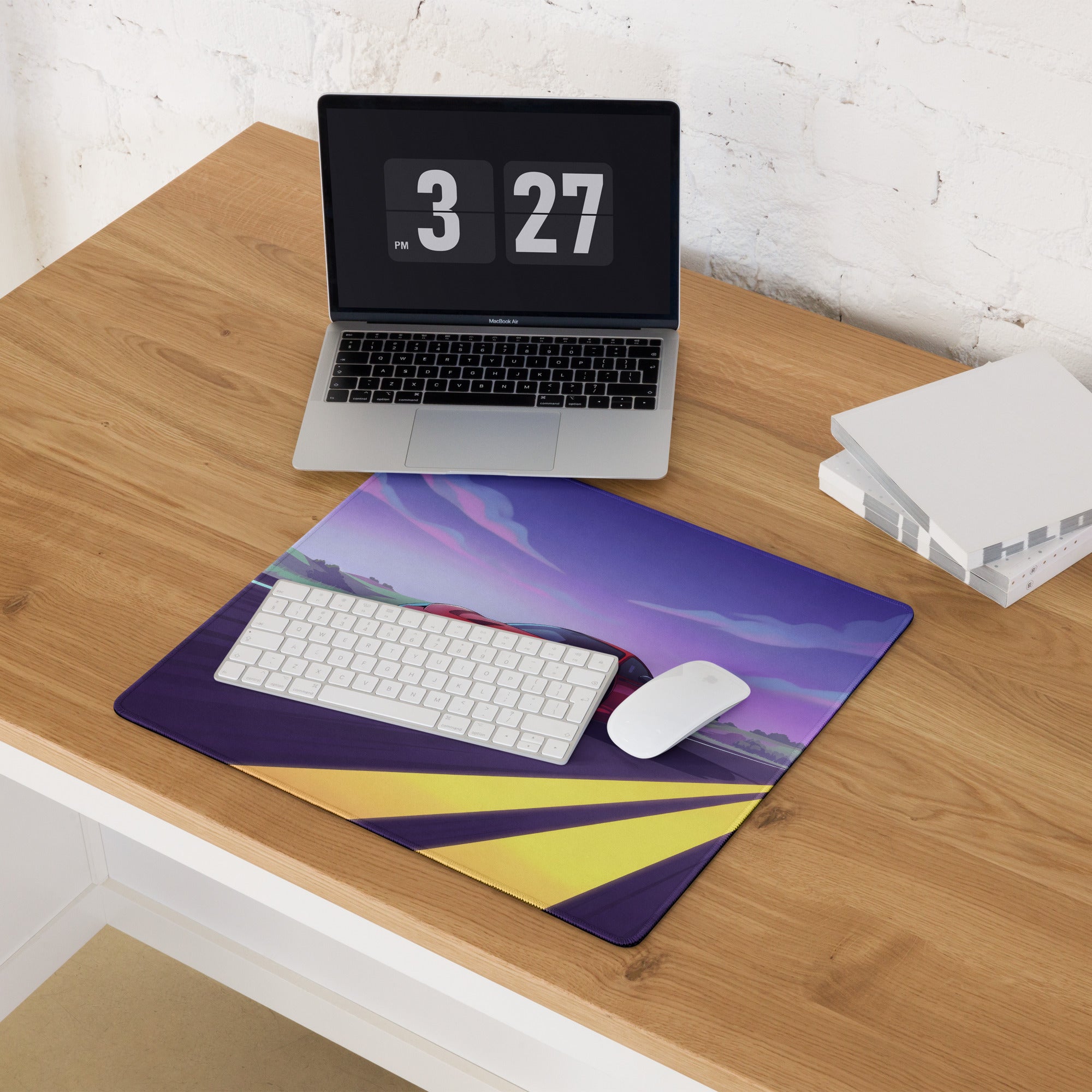 Ferrari 458 Italia Inspired Widebody Red Purple Vaporwave Gaming Mouse Pad – Neon Open Highway Desk Mat, Retro Futuristic Supercar Digital Artwork