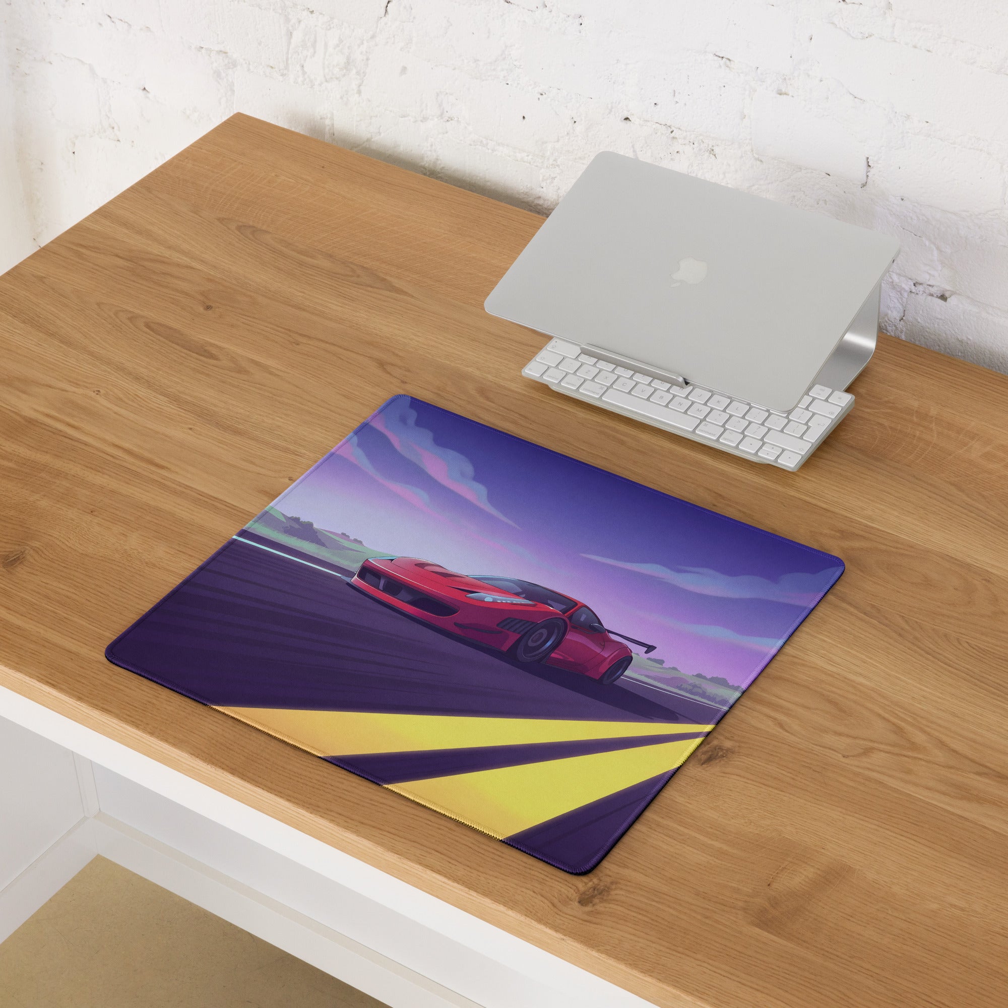Ferrari 458 Italia Inspired Widebody Red Purple Vaporwave Gaming Mouse Pad – Neon Open Highway Desk Mat, Retro Futuristic Supercar Digital Artwork