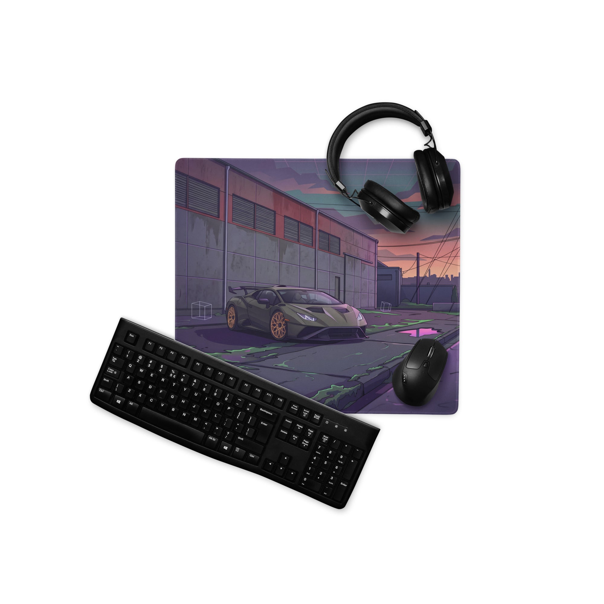 Lamborghini Huracán STO Inspired Gray Purple Vaporwave Gaming Mouse Pad – Neon Industrial Alley Desk Mat, Cyberpunk Supercar Digital Art