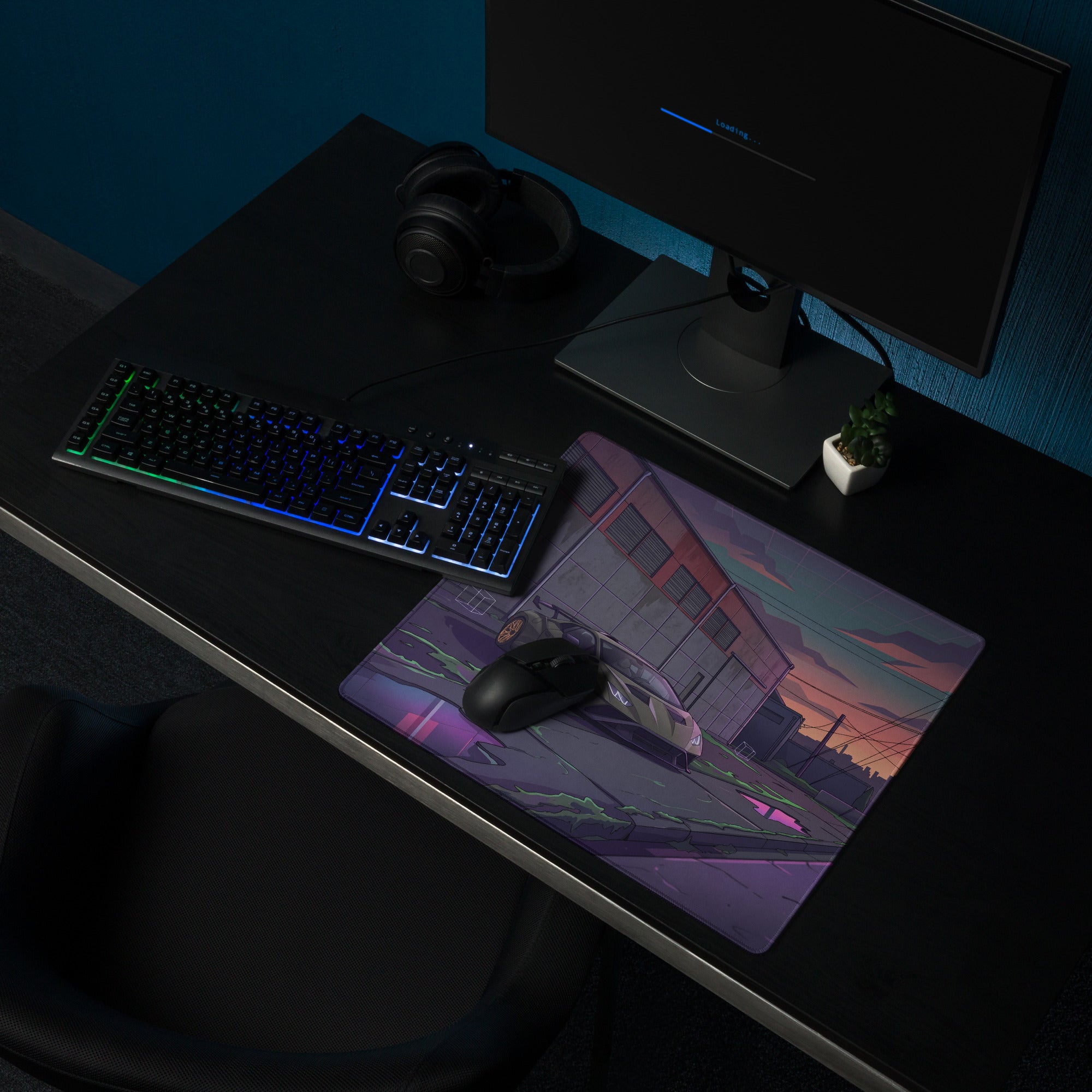 Lamborghini Huracán STO Inspired Gray Purple Vaporwave Gaming Mouse Pad – Neon Industrial Alley Desk Mat, Cyberpunk Supercar Digital Art
