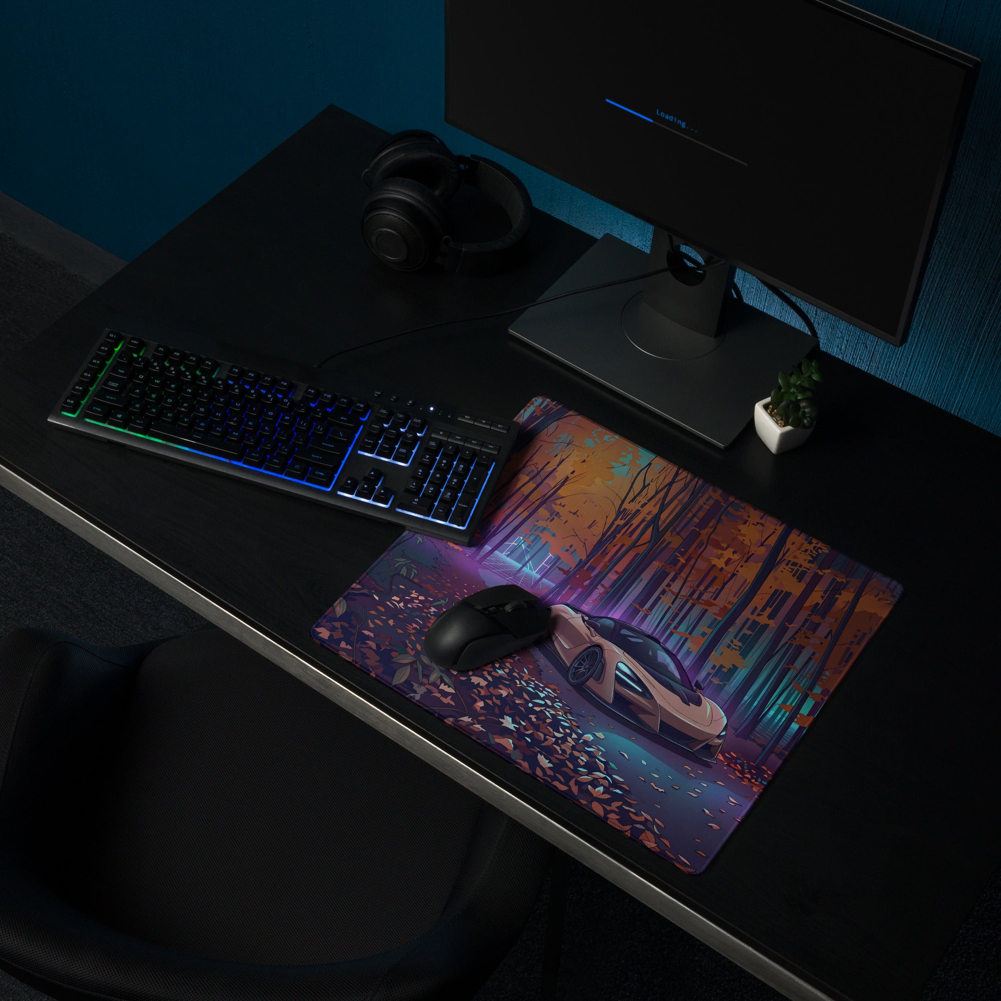 McLaren 765LT Inspired Champagne Purple Vaporwave Gaming Mouse Pad – Neon Autumn Forest Desk Mat, Retro Futuristic Supercar Digital Art