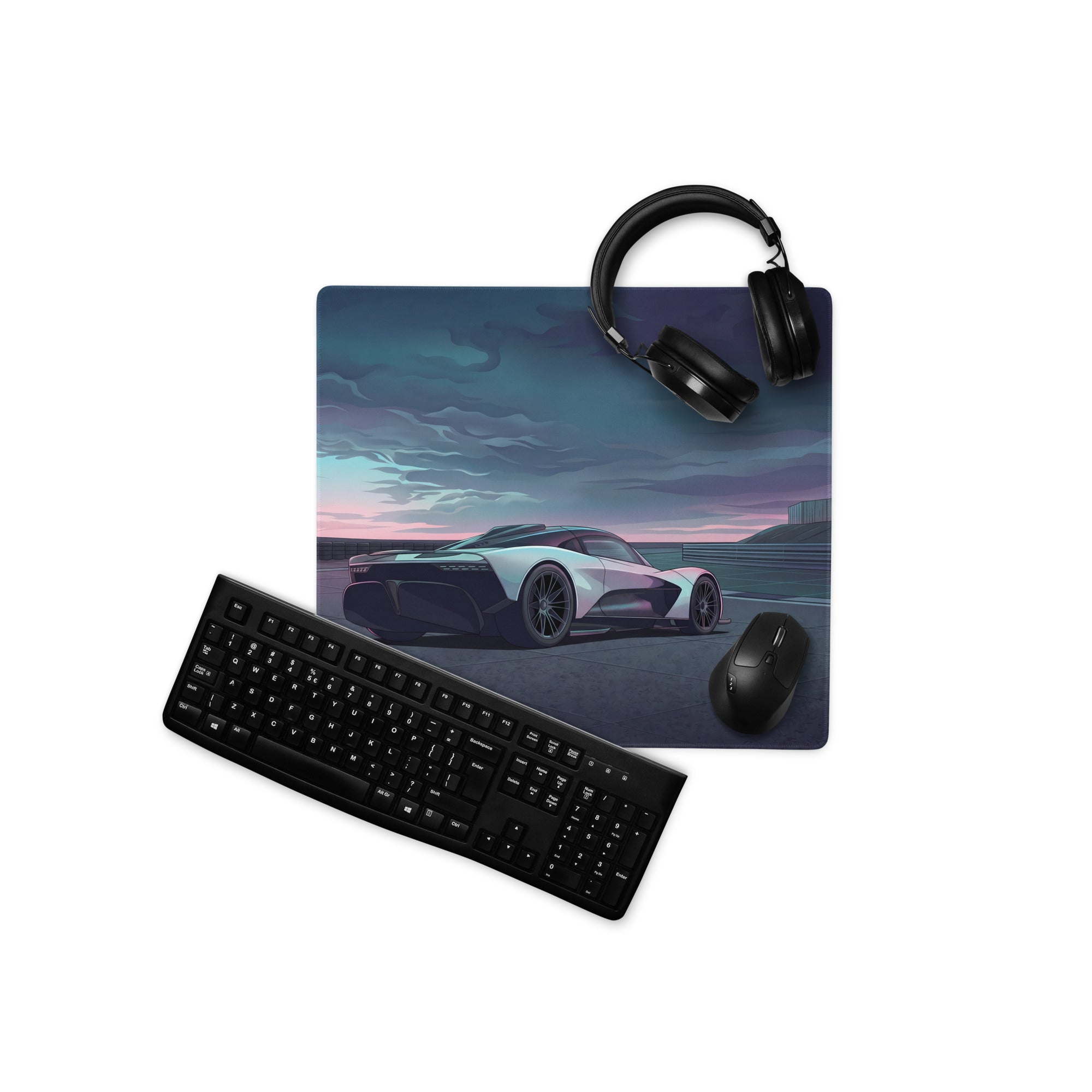 Aston Martin Valhalla Inspired White Blue Vaporwave Gaming Mouse Pad – Moody Racetrack Desk Mat, Futuristic Hypercar Digital Art with Stormy Sky