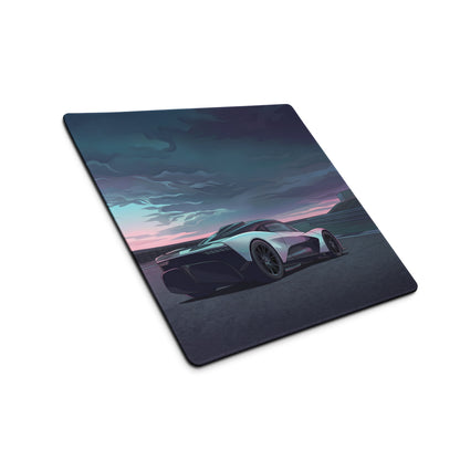 Aston Martin Valhalla Inspired White Blue Vaporwave Gaming Mouse Pad – Moody Racetrack Desk Mat, Futuristic Hypercar Digital Art with Stormy Sky