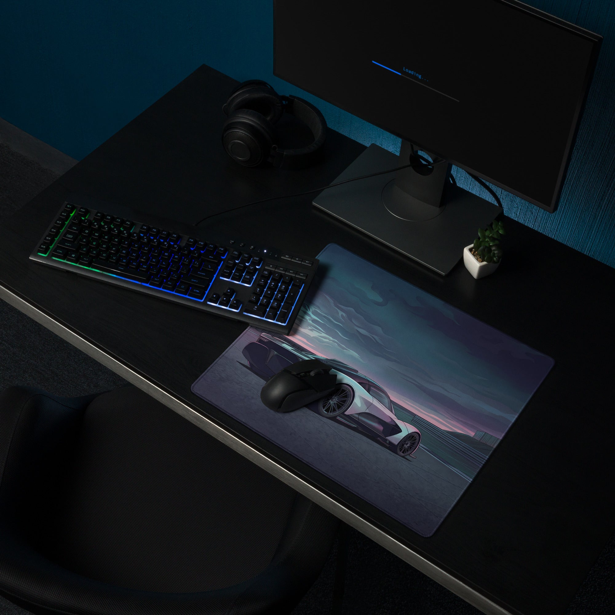 Aston Martin Valhalla Inspired White Blue Vaporwave Gaming Mouse Pad – Moody Racetrack Desk Mat, Futuristic Hypercar Digital Art with Stormy Sky
