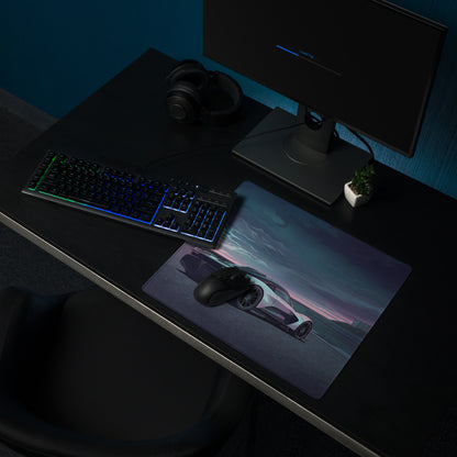 Aston Martin Valhalla Inspired White Blue Vaporwave Gaming Mouse Pad – Moody Racetrack Desk Mat, Futuristic Hypercar Digital Art with Stormy Sky