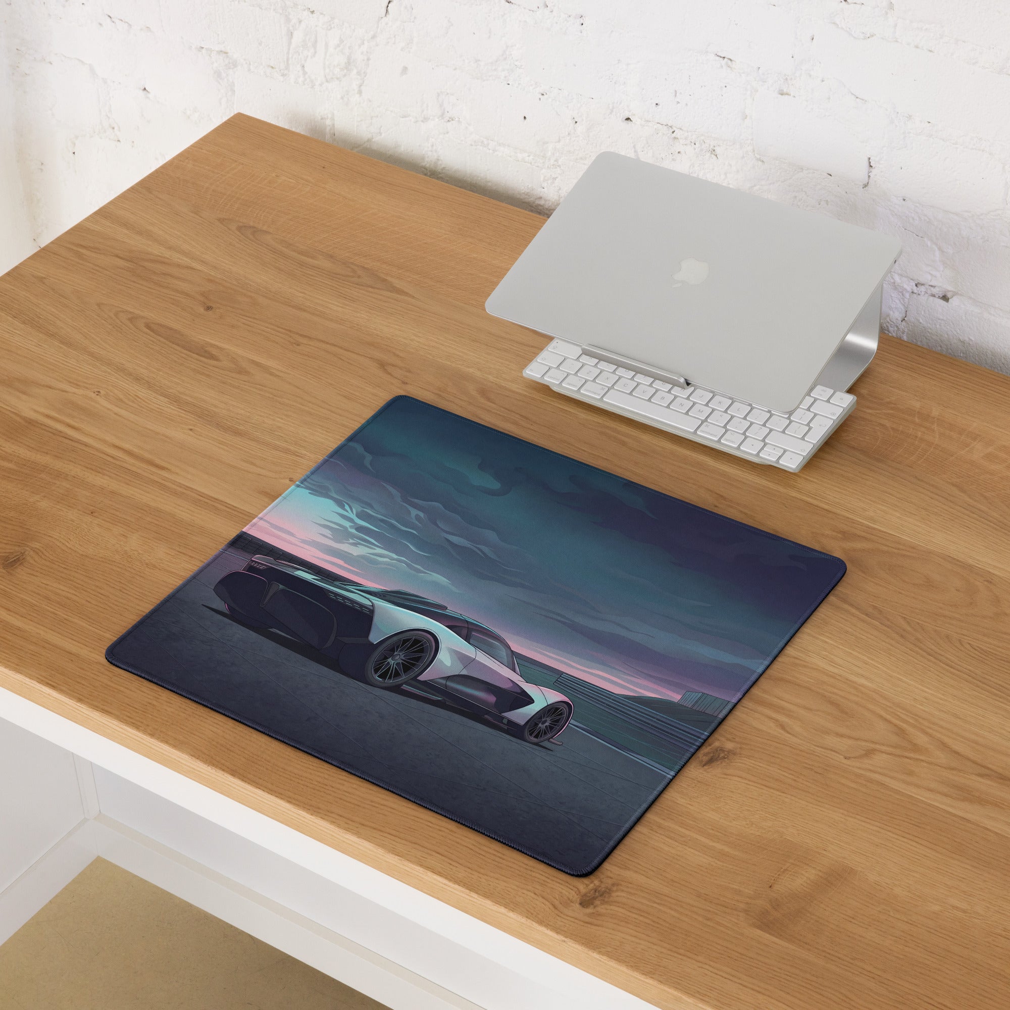 Aston Martin Valhalla Inspired White Blue Vaporwave Gaming Mouse Pad – Moody Racetrack Desk Mat, Futuristic Hypercar Digital Art with Stormy Sky