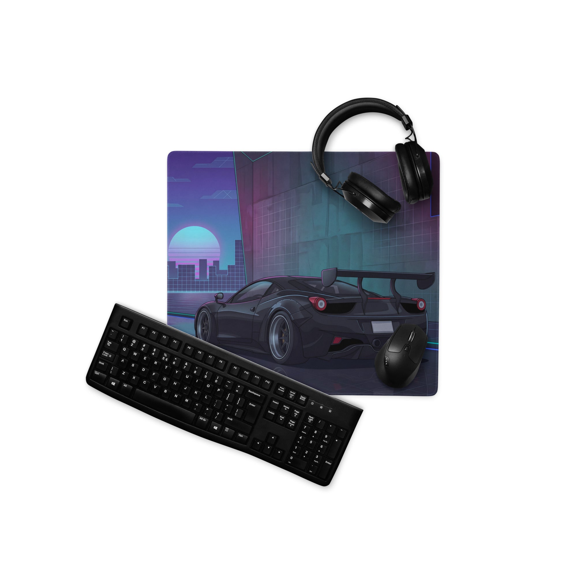 Ferrari 458 Italia Inspired Widebody Black Purple Vaporwave Gaming Mouse Pad – Neon Retro City Desk Mat, Widebody Supercar Digital Art with Sunset Grid
