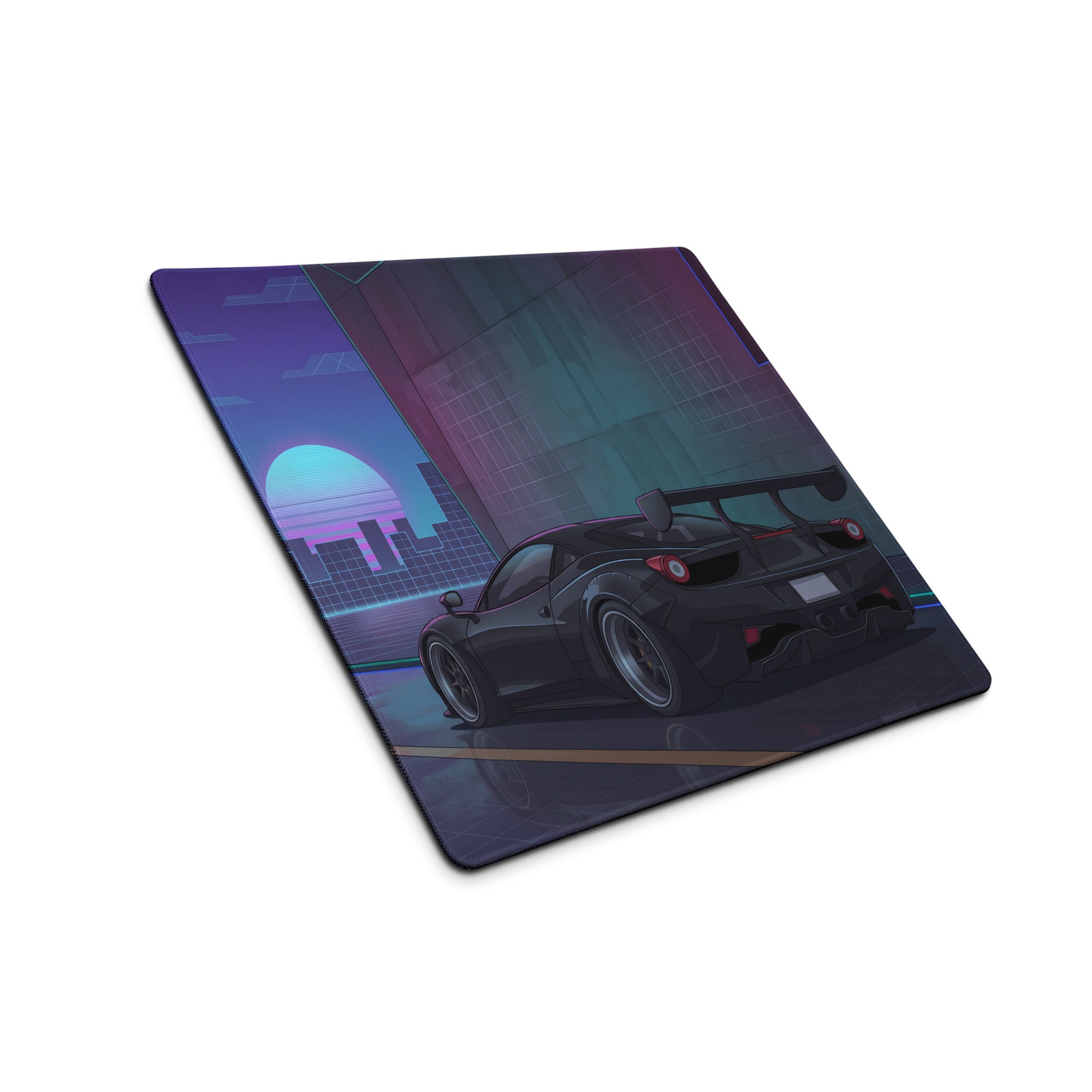 Ferrari 458 Italia Inspired Widebody Black Purple Vaporwave Gaming Mouse Pad – Neon Retro City Desk Mat, Widebody Supercar Digital Art with Sunset Grid